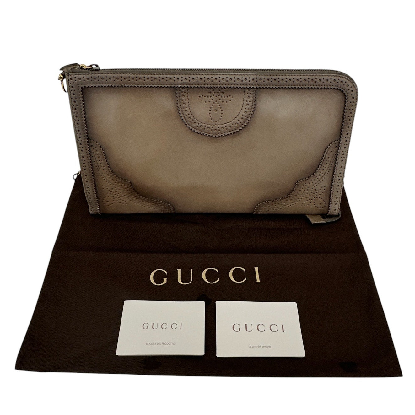 GUCCI Duilio Brogue Zip Around Leather Clutch Bag