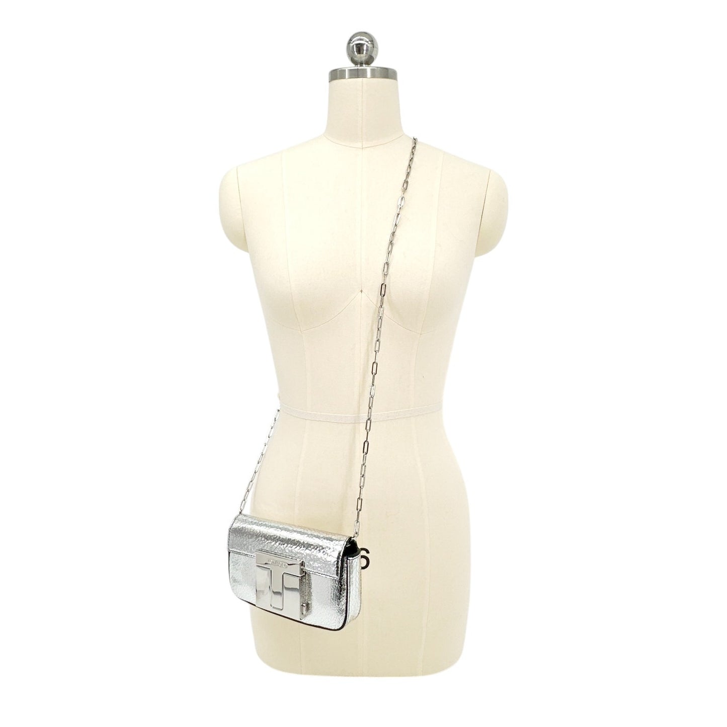 TOM FORD Shiny T Clasp Mini Crossbody Bag in Silver