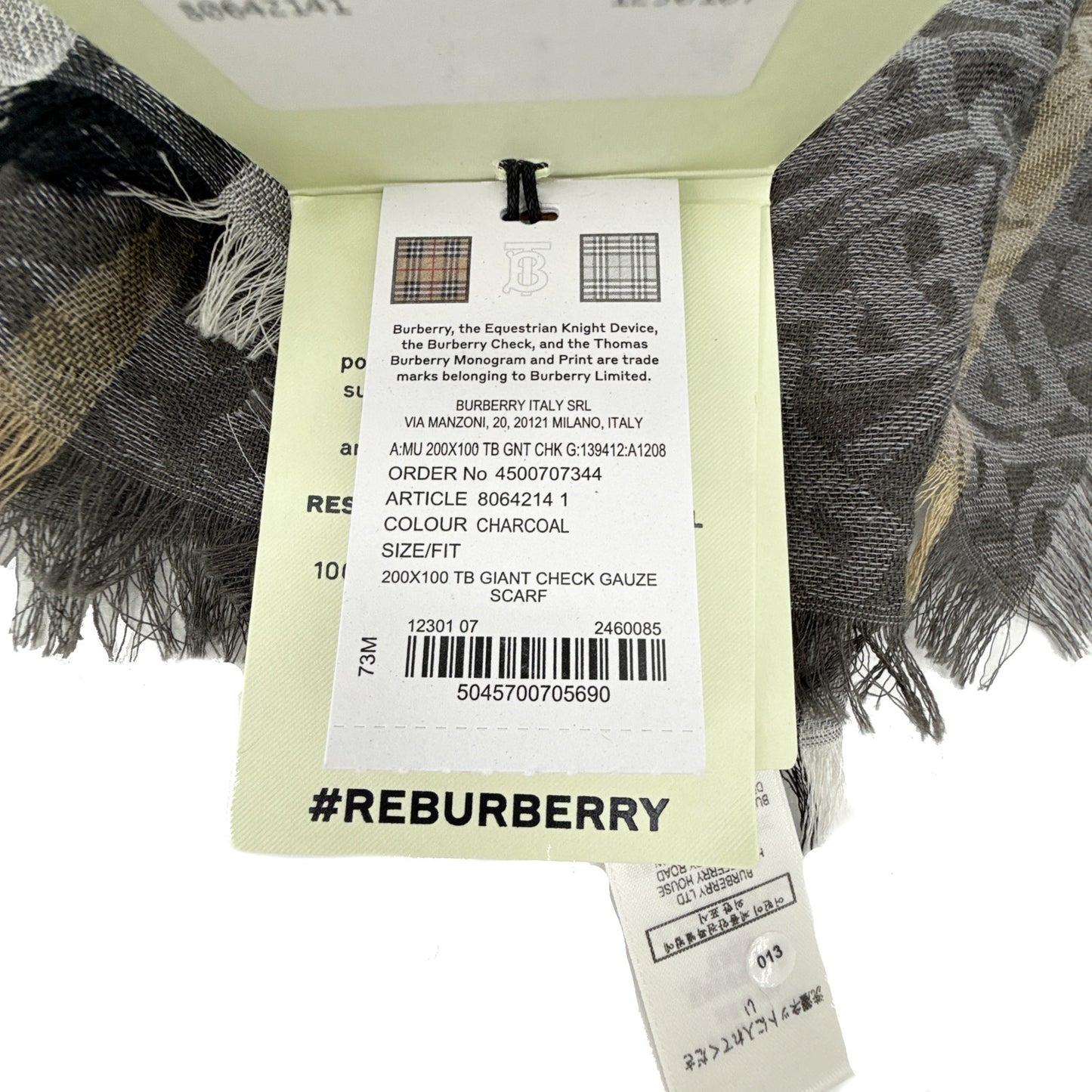 BURBERRY TB Giant Check Gauze Wool & Silk Scarf in Charcoal
