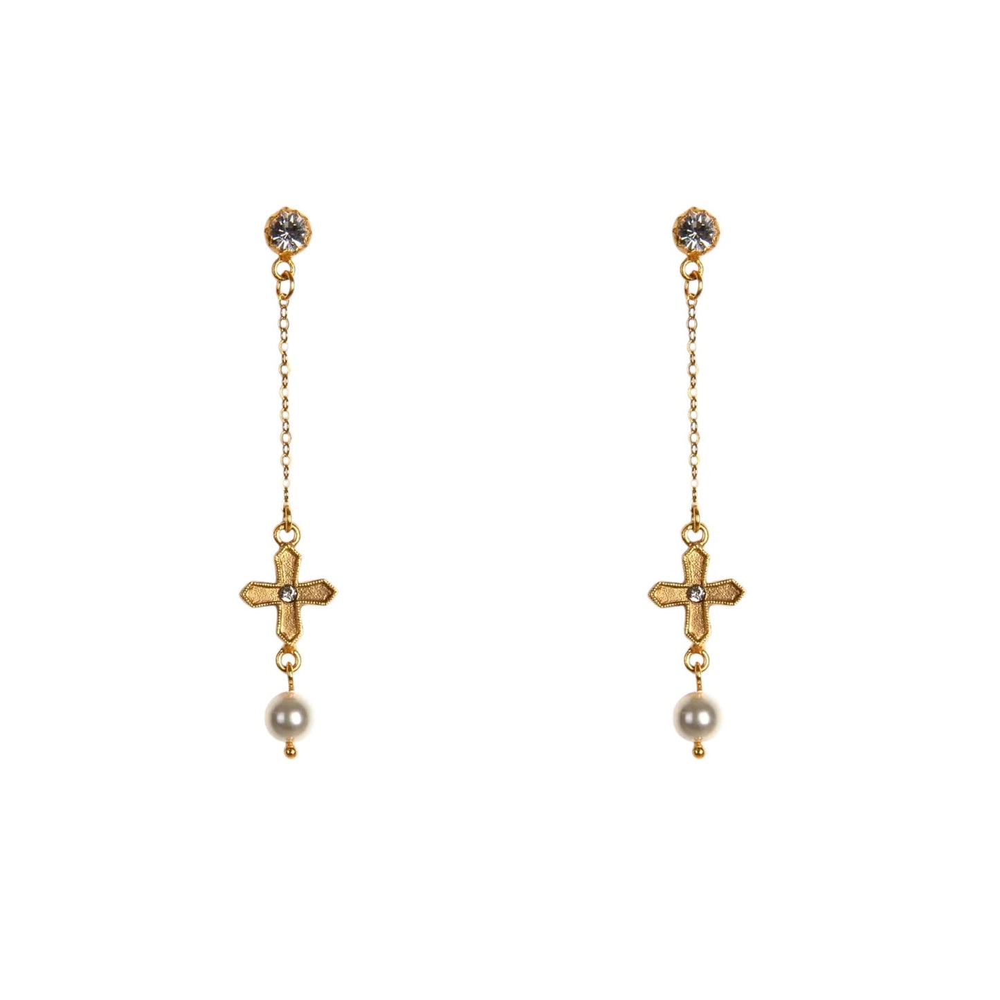 VIRGINS SAINTS & ANGELS VSA Peace Cross Pearl Drop Post Earrings in Gold