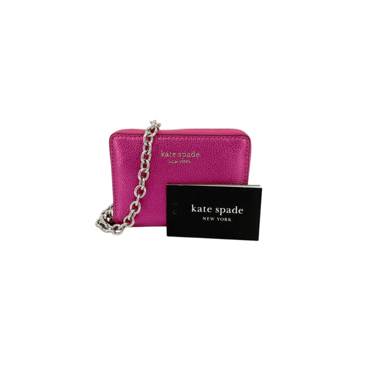 KATE SPADE Natasha Metallic Pebbled Leather Chain Compact Wristlet in Bikini Pink