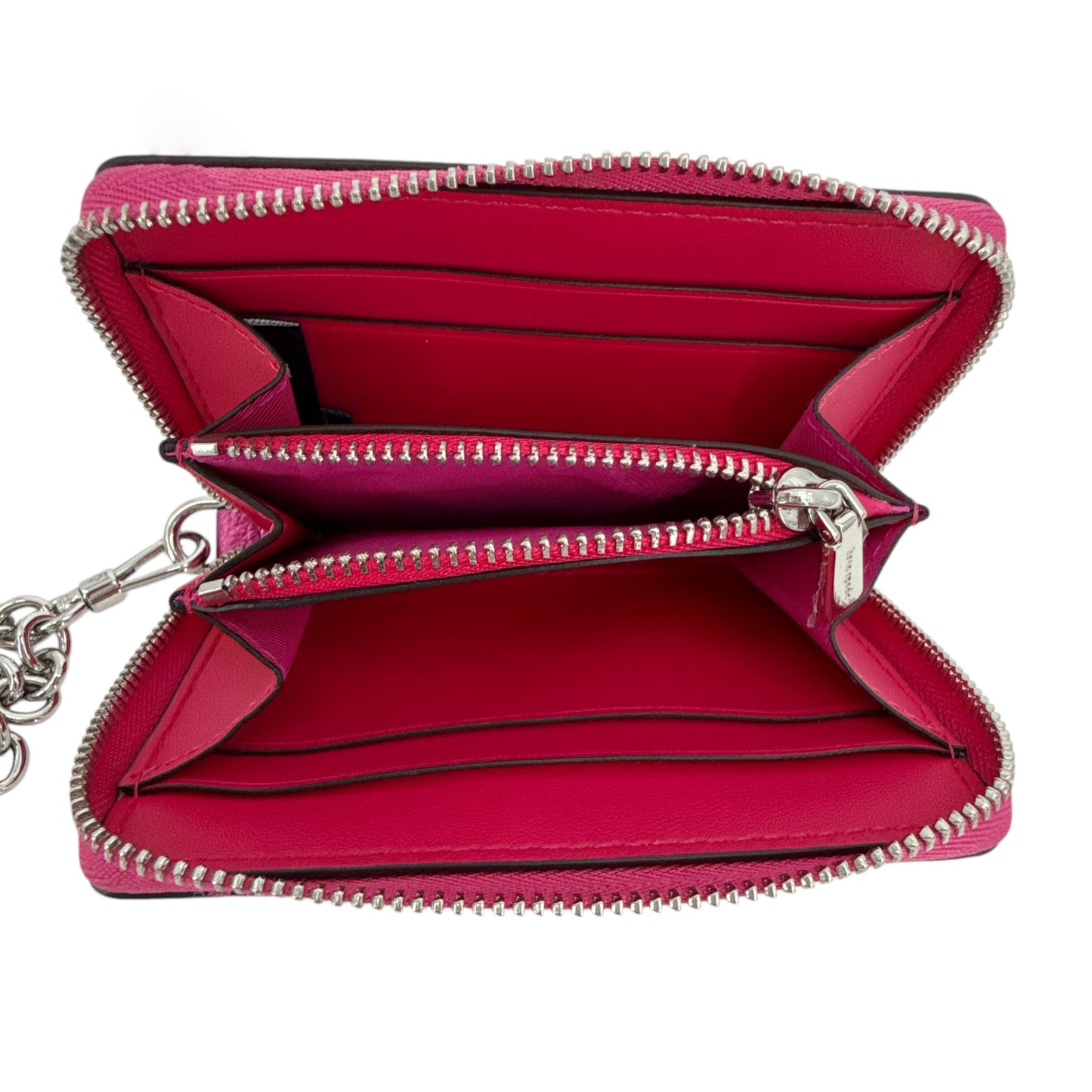 KATE SPADE Natasha Metallic Pebbled Leather Chain Compact Wristlet in Bikini Pink