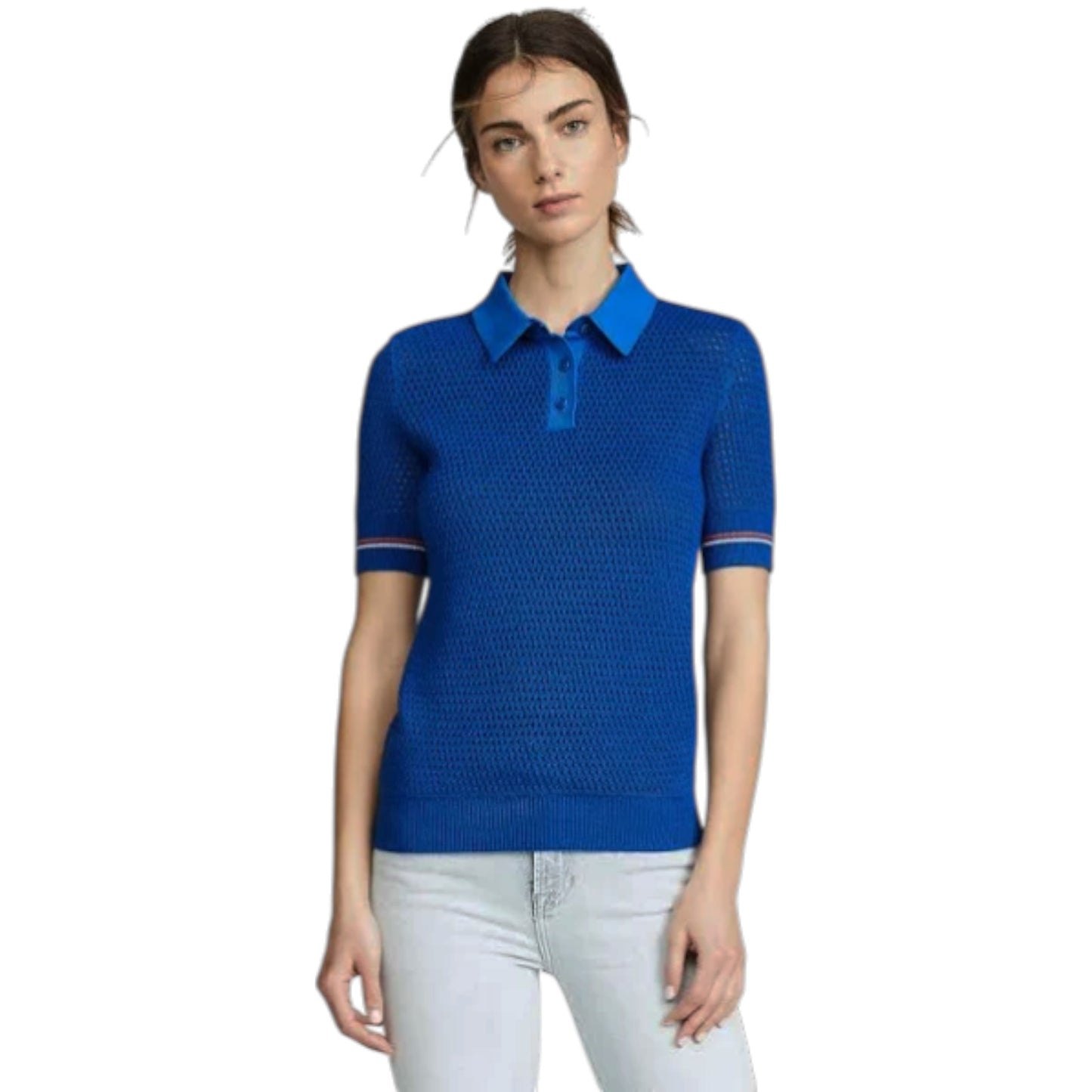 TORY BURCH Mesh Polo Sweater in Bondi Blue L
