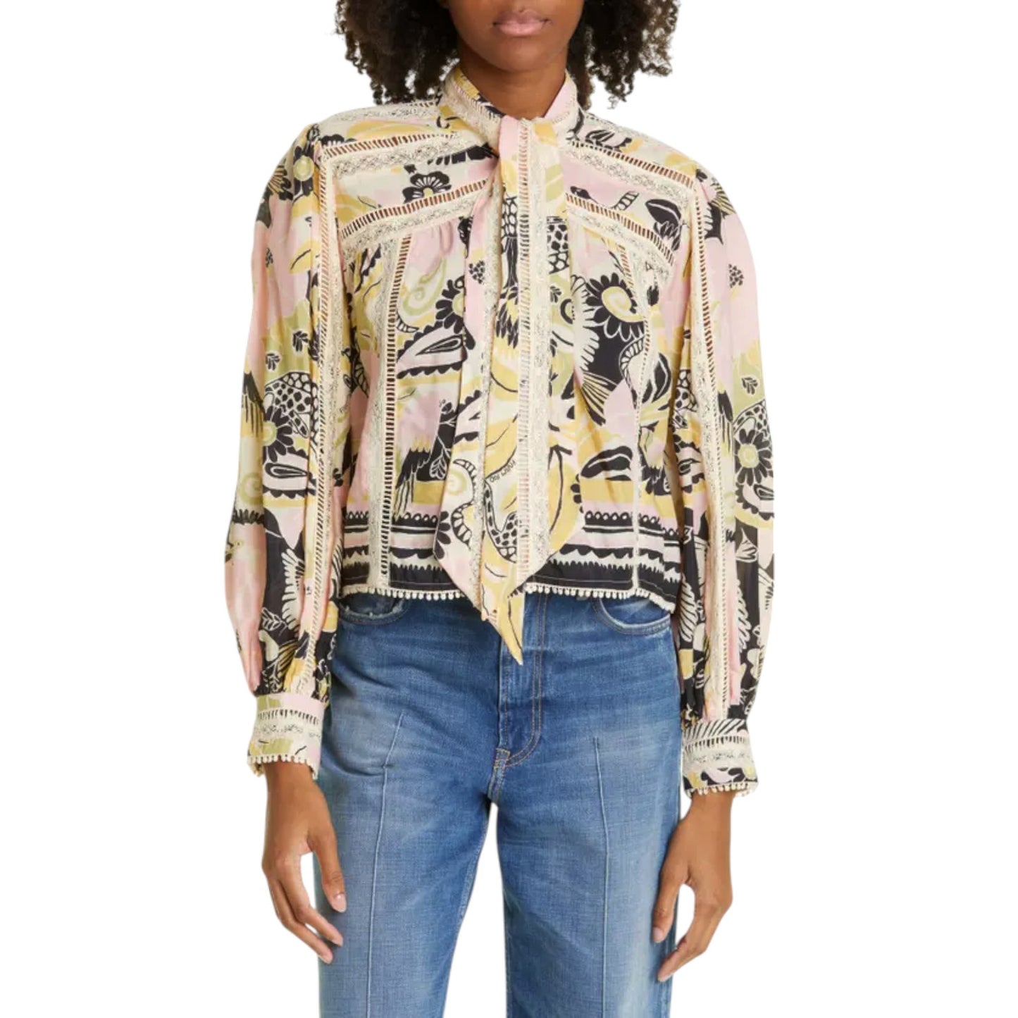 FARM RIO Vintage Forest Lace Trim Tie Neck Blouse M