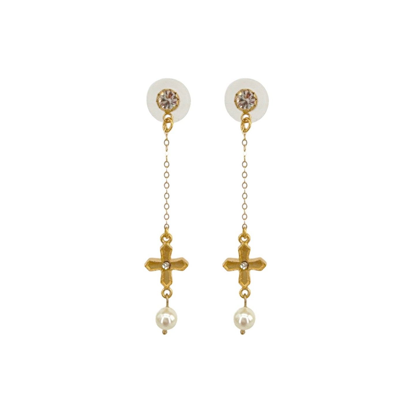 VIRGINS SAINTS & ANGELS VSA Peace Cross Pearl Drop Post Earrings in Gold
