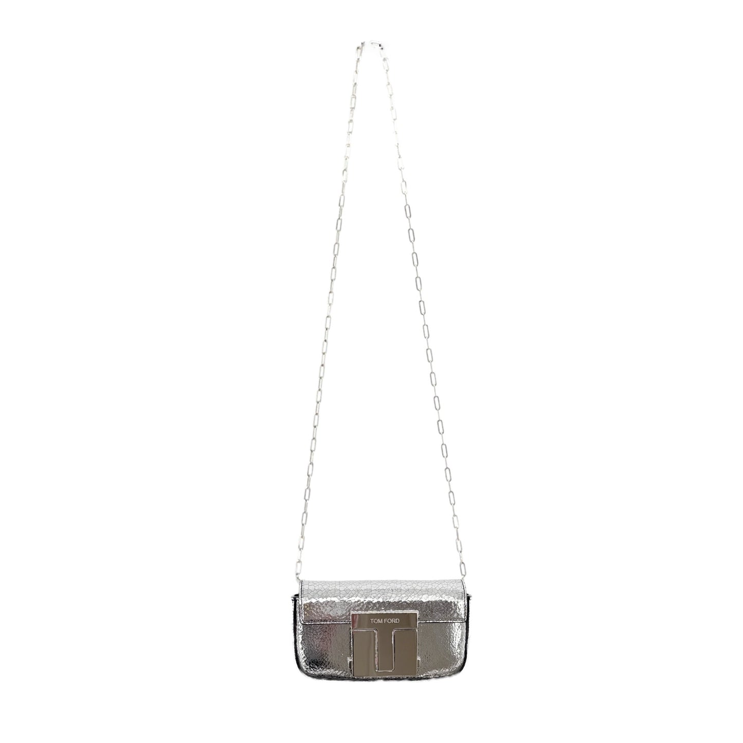 TOM FORD Shiny Leather T Clasp Mini Crossbody Bag in Crackled Silver
