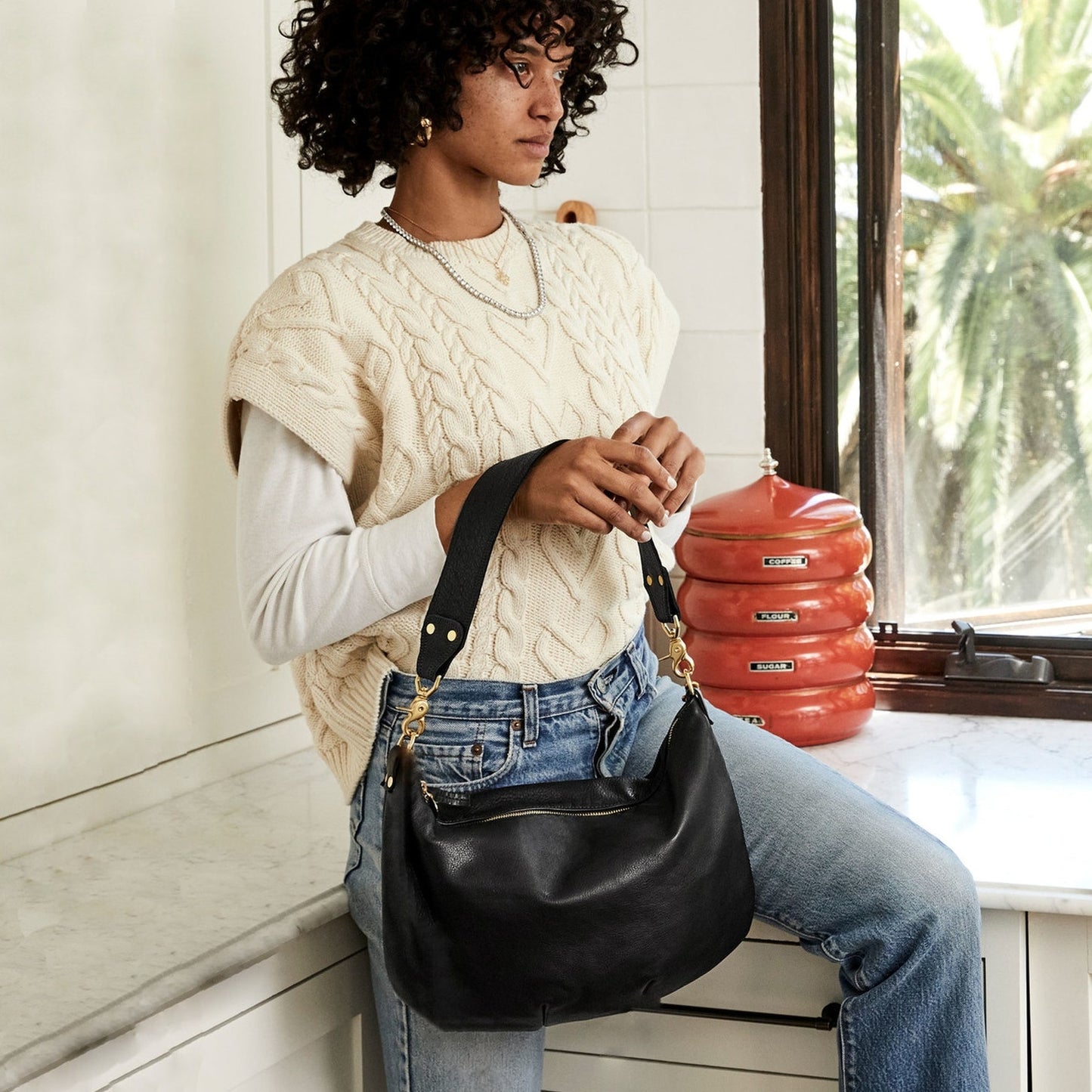 CLARE V. Moyen Messenger in Relaxed Black with Braided Crossbody Strap