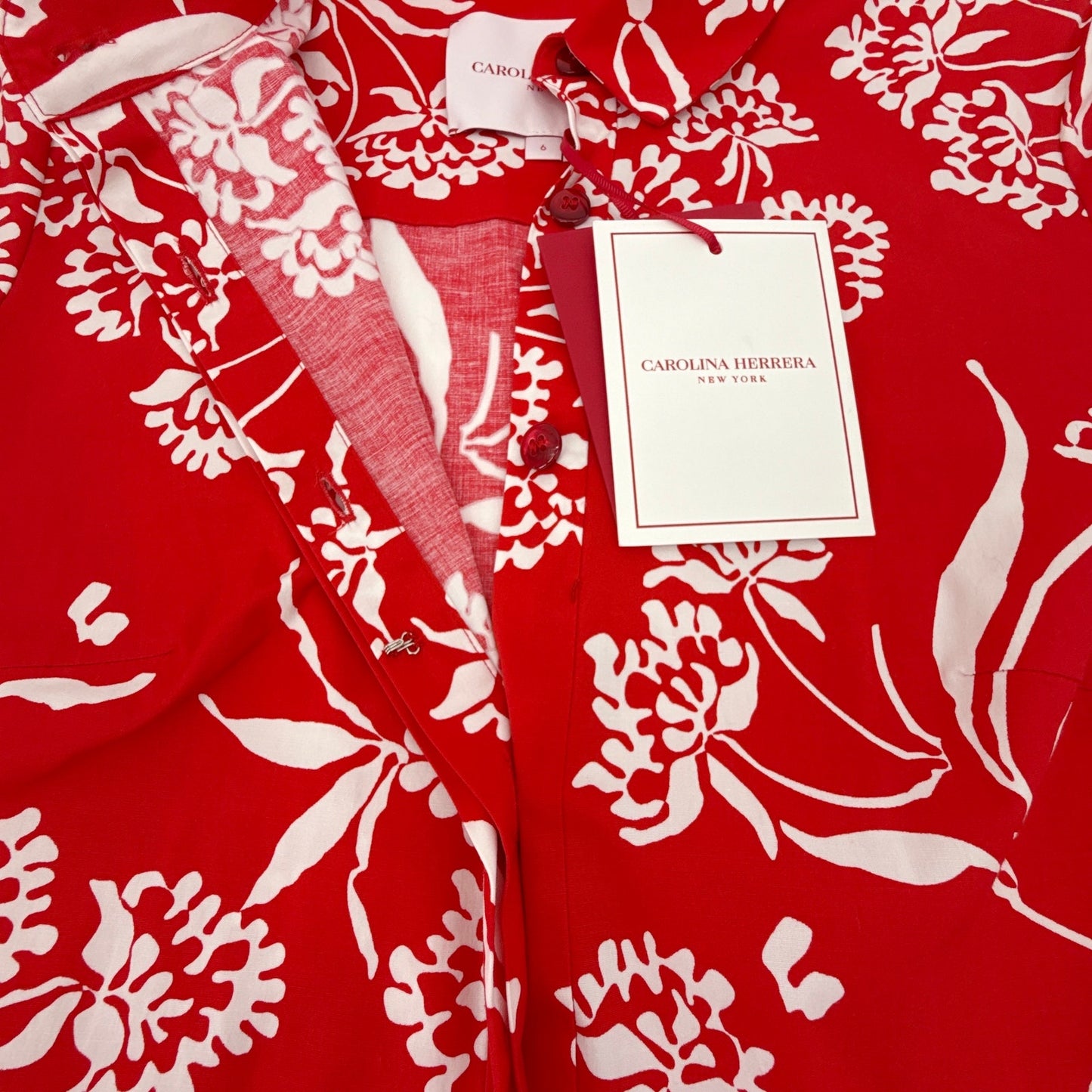 CAROLINA HERRERA Red Printed Short Sleeve Shirtdress in Red 6|M