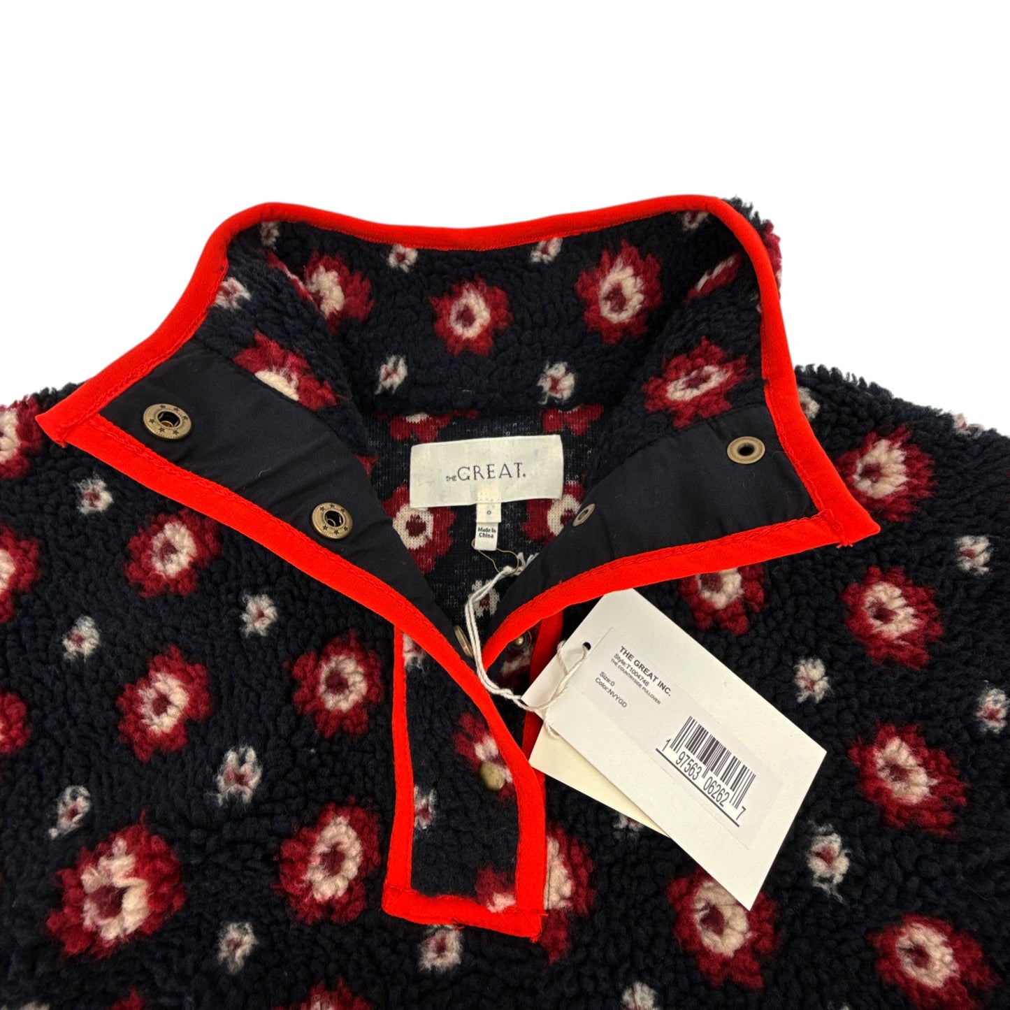 THE GREAT. The Countryside Pullover in Navy Geo Daisy 0|XS