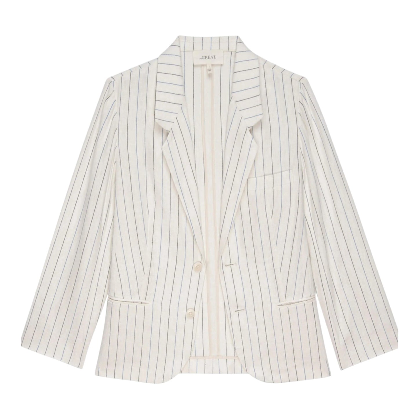 THE GREAT. The Relaxed Blazer in Cream Pinstripes 1|S