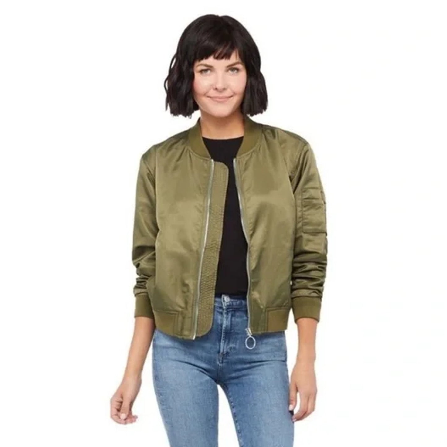 GOOD AMERICAN Bomber Jacket in Green Satin XS