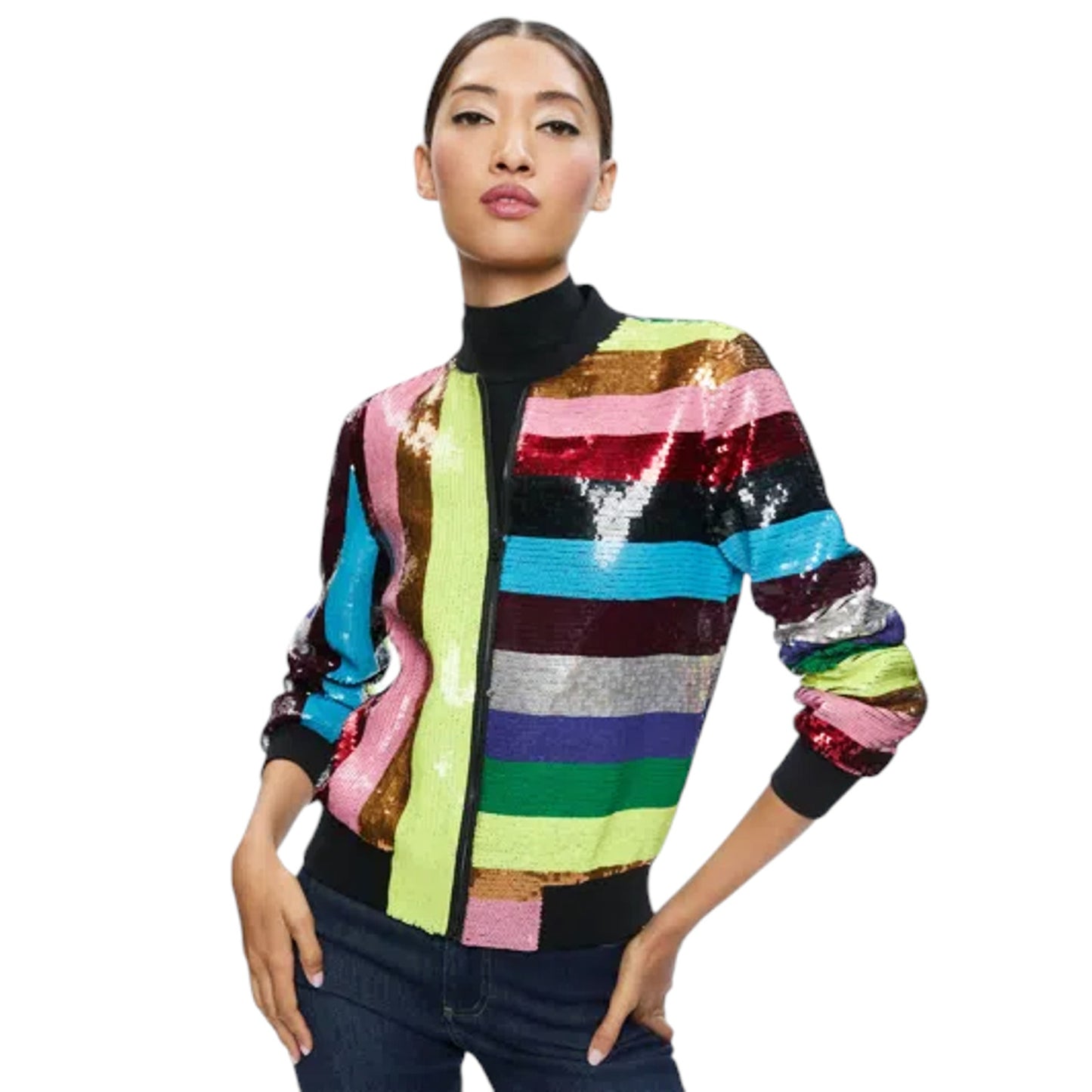 ALICE+OLIVIA Lonnie Sequin Cropped Varsity Jacket S
