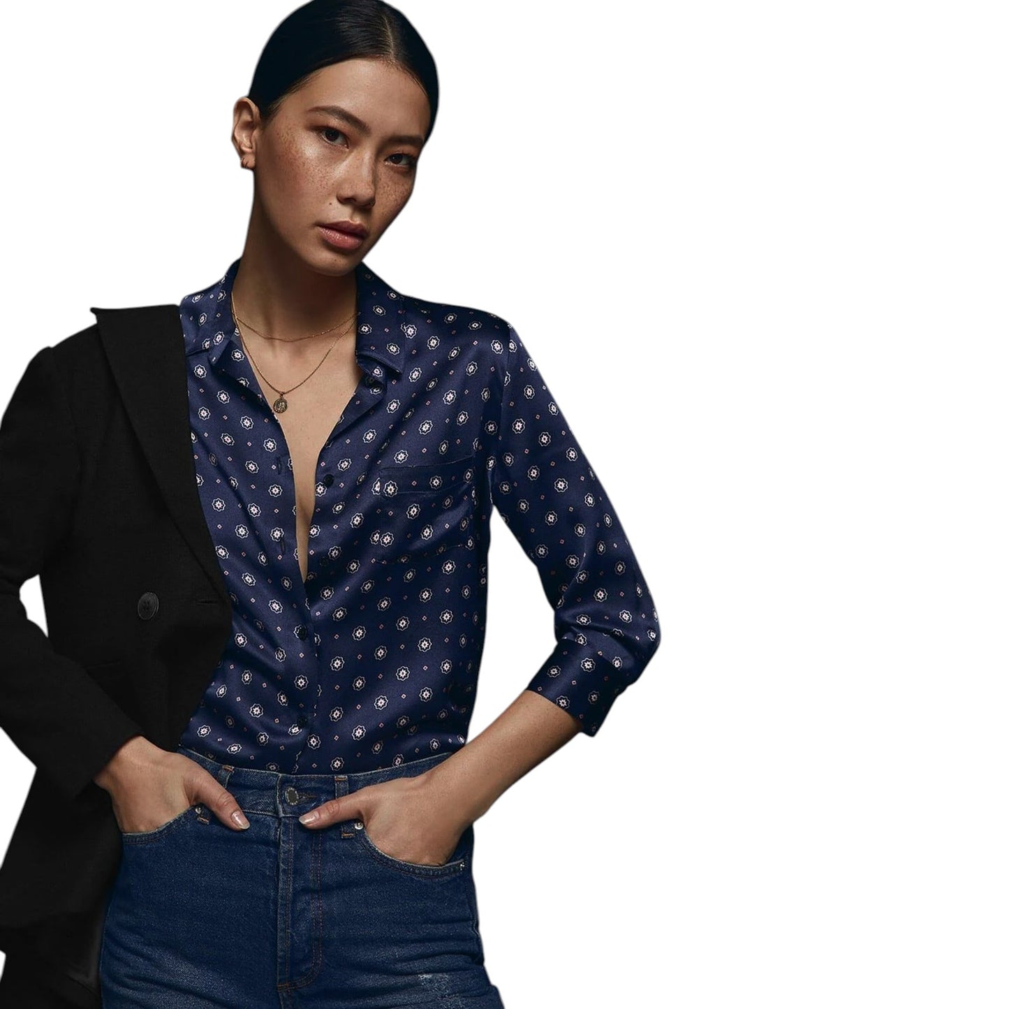 ANINE BING Billie Medallion Print Silk Blouse In Tie Print Navy S