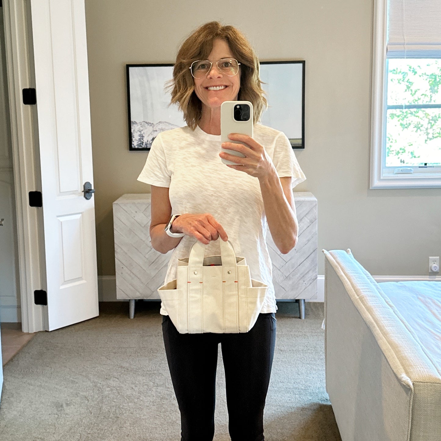 CLARE V. Le Petit Box Tote in Natural Canvas with Crossbody Strap