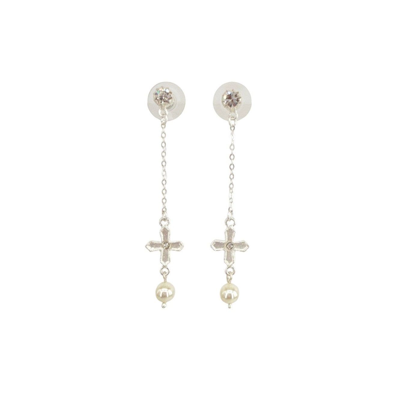 VIRGINS SAINTS & ANGELS VSA Peace Cross Pearl Drop Post Earrings in Silver