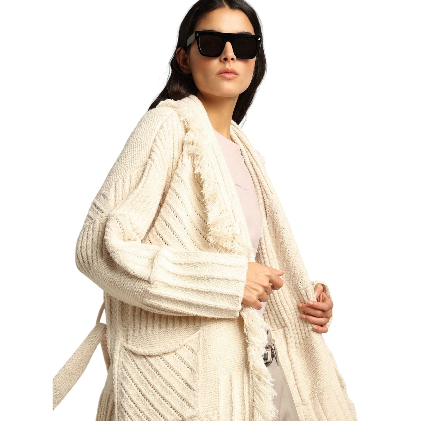 GOLDEN GOOSE Journey Knit Belted Cardigan in Papyrus M