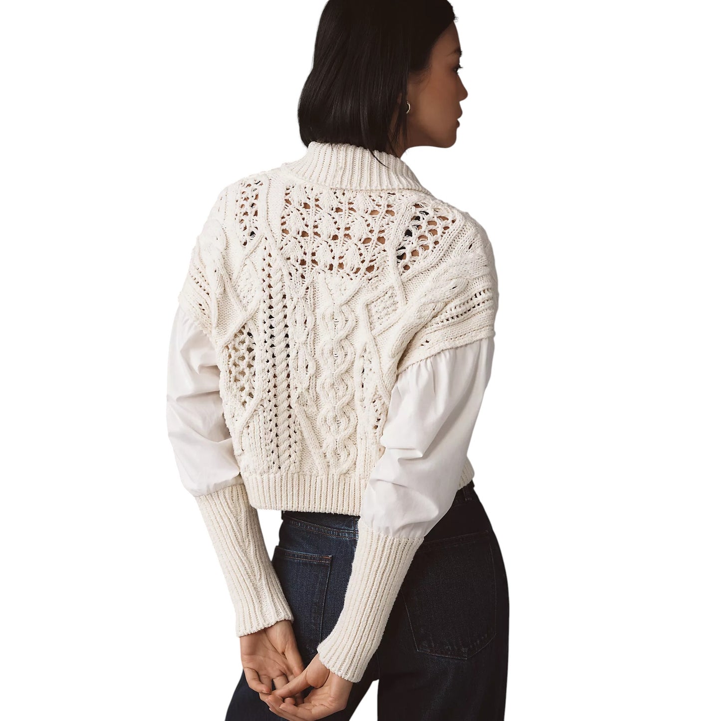 ANTHROPOLOGIE Balloon-Sleeve Twofer Cable-Knit Cardigan Sweater S