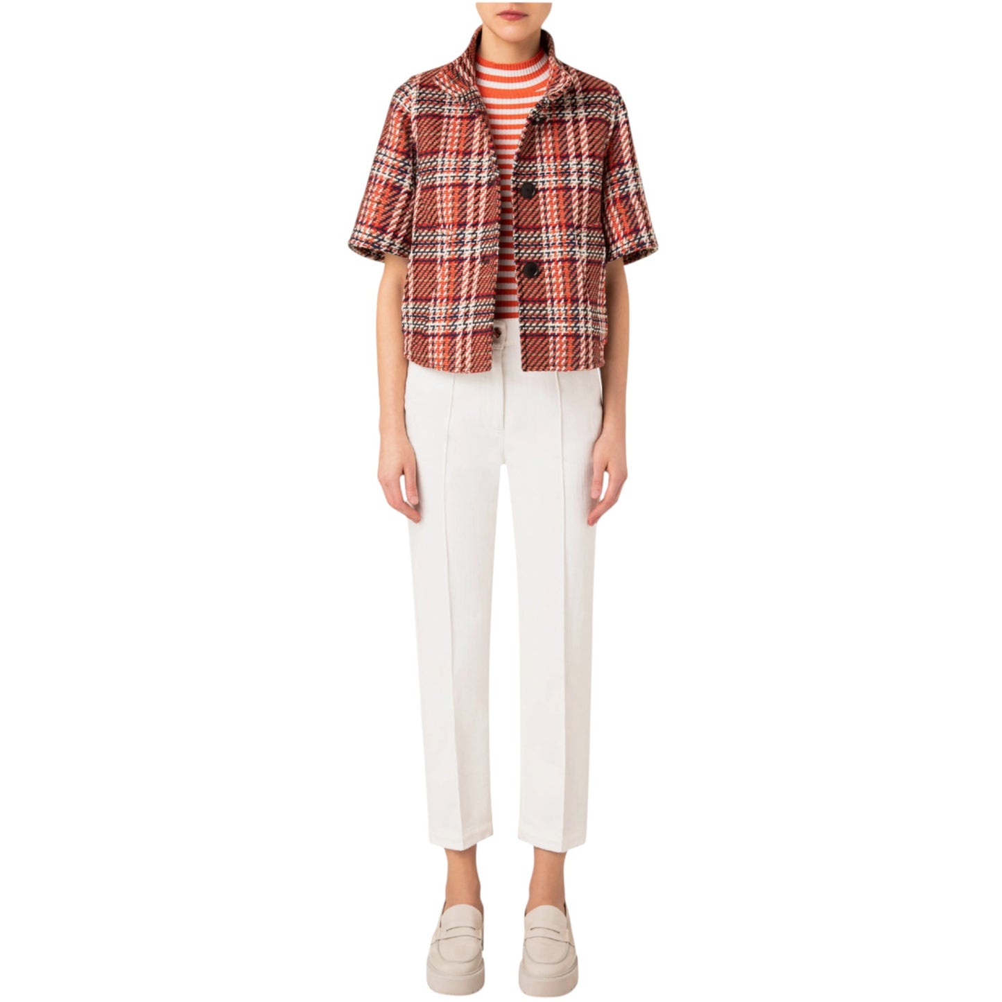AKRIS PUNTO Check Tweed Short-sleeve A-line Crop Jacket FR38