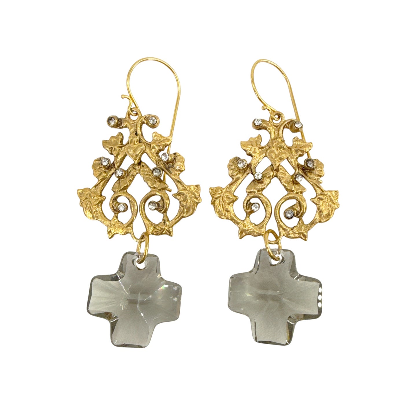 VIRGINS SAINTS & ANGELS VSA Vine Earrings with Cross in Gold & Black Diamond