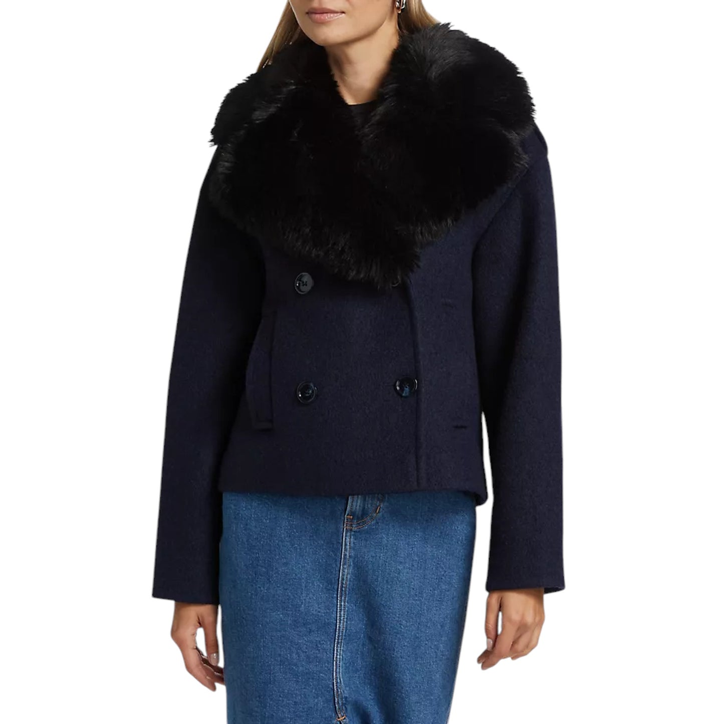 MERCER COLLECTIVE Georgia Faux Fur Collar Double-Breasted Peacoat S