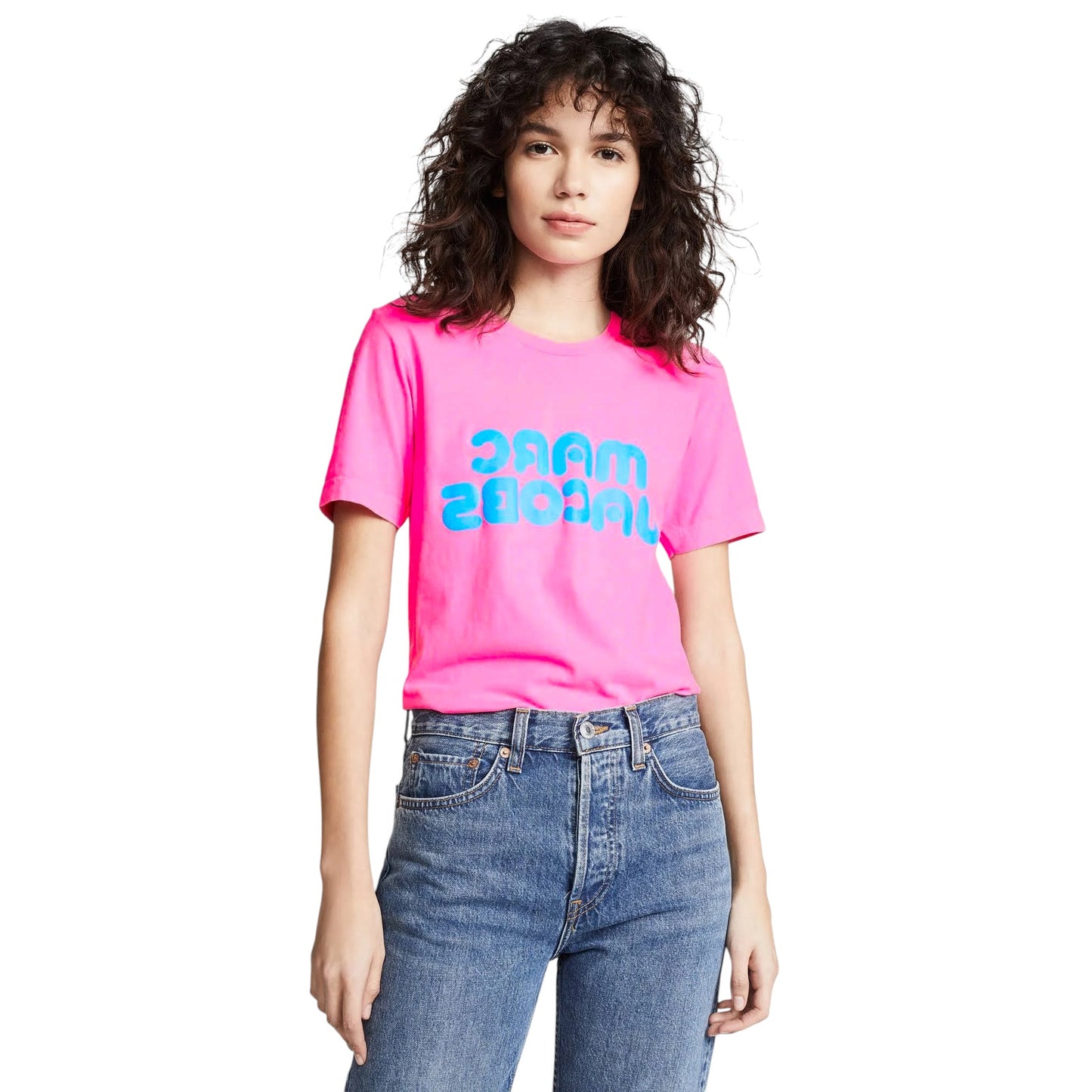 MARC JACOBS Fluorescent Logo Print Tee in Bright Pink S