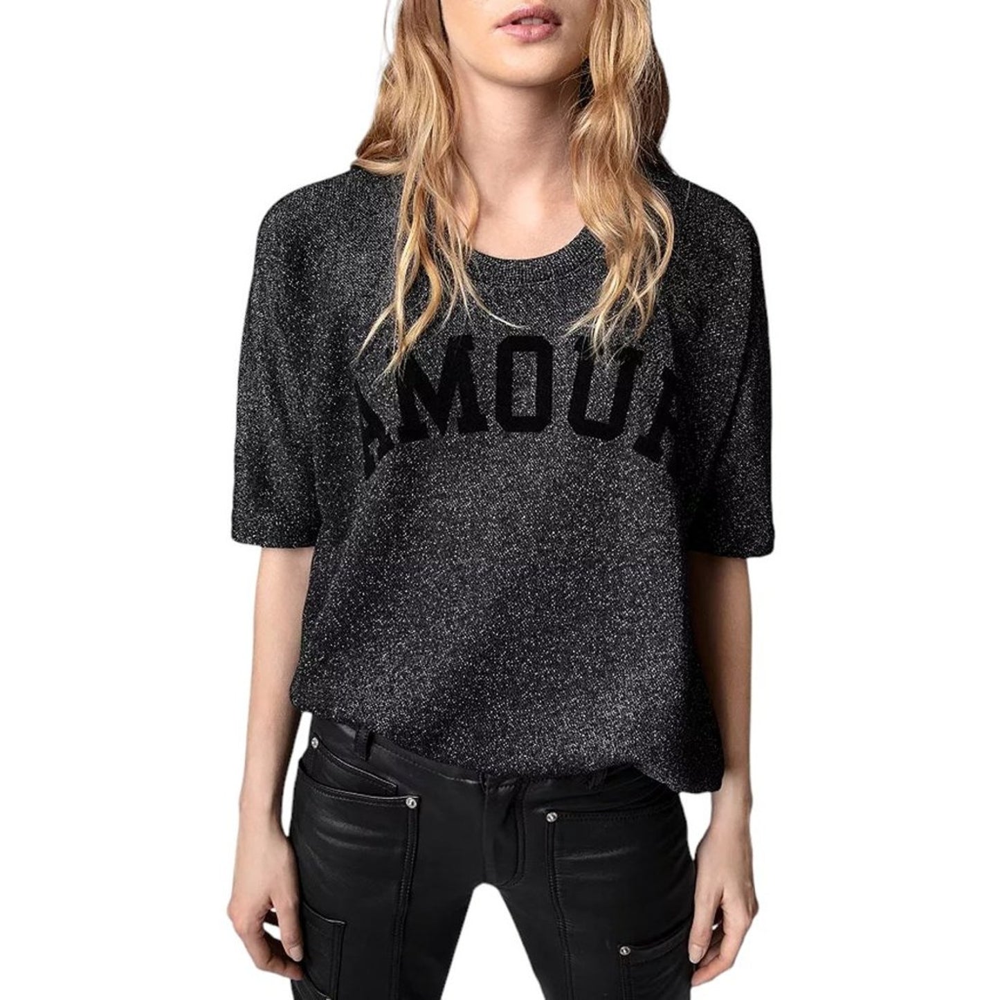 ZADIG & VOLTAIRE Portland Amour Glitter Top in Black XS