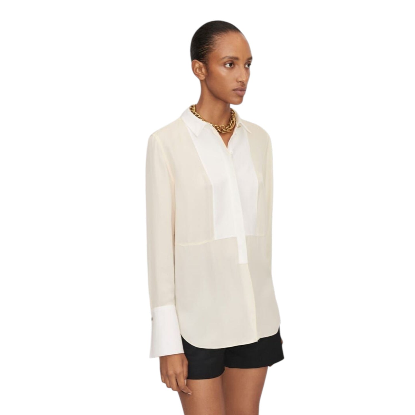 ME+EM Silk Longline Tux Shirt in Cream & Soft White UK6|US2|XS
