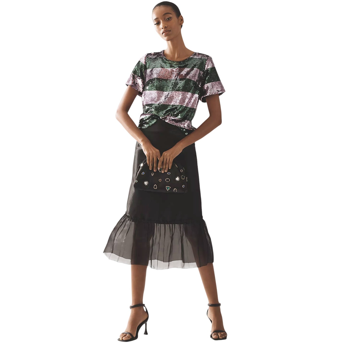 ANTHROPOLOGIE Maeve Short-Sleeve Sequin Striped Top S