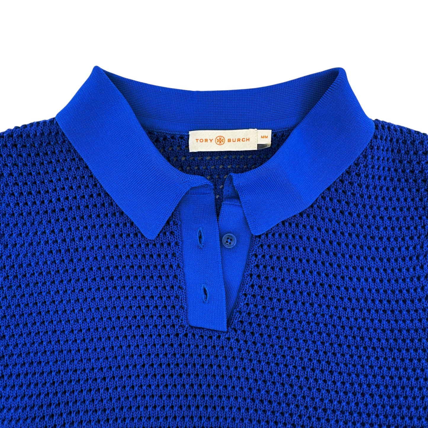 TORY BURCH Mesh Polo Sweater in Bondi Blue M