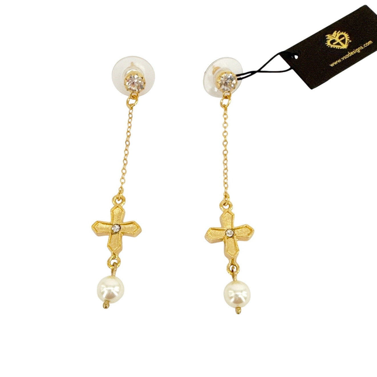 VIRGINS SAINTS & ANGELS VSA Peace Cross Pearl Drop Post Earrings in Gold