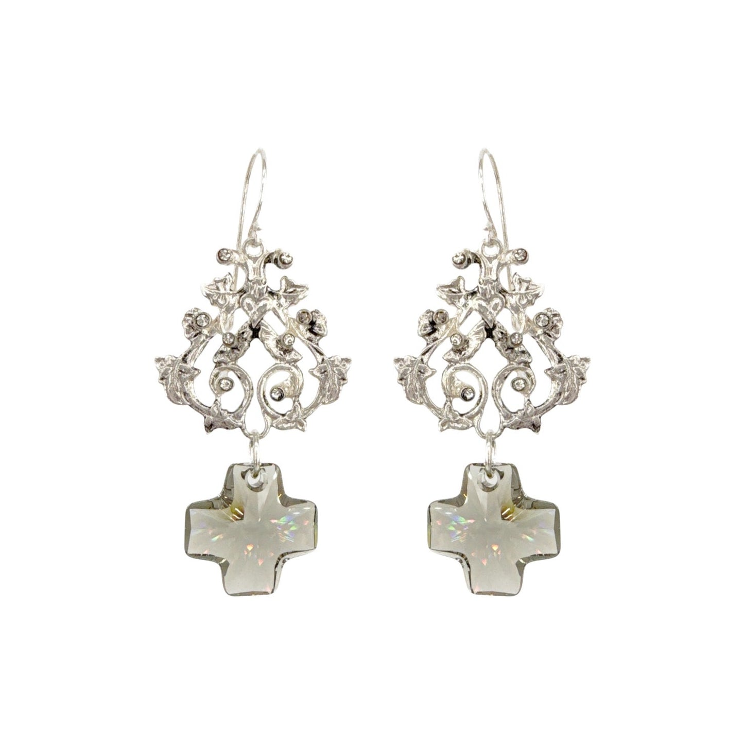 VIRGINS SAINTS & ANGELS VSA Vine Earrings with Cross in Silver & Black Diamond