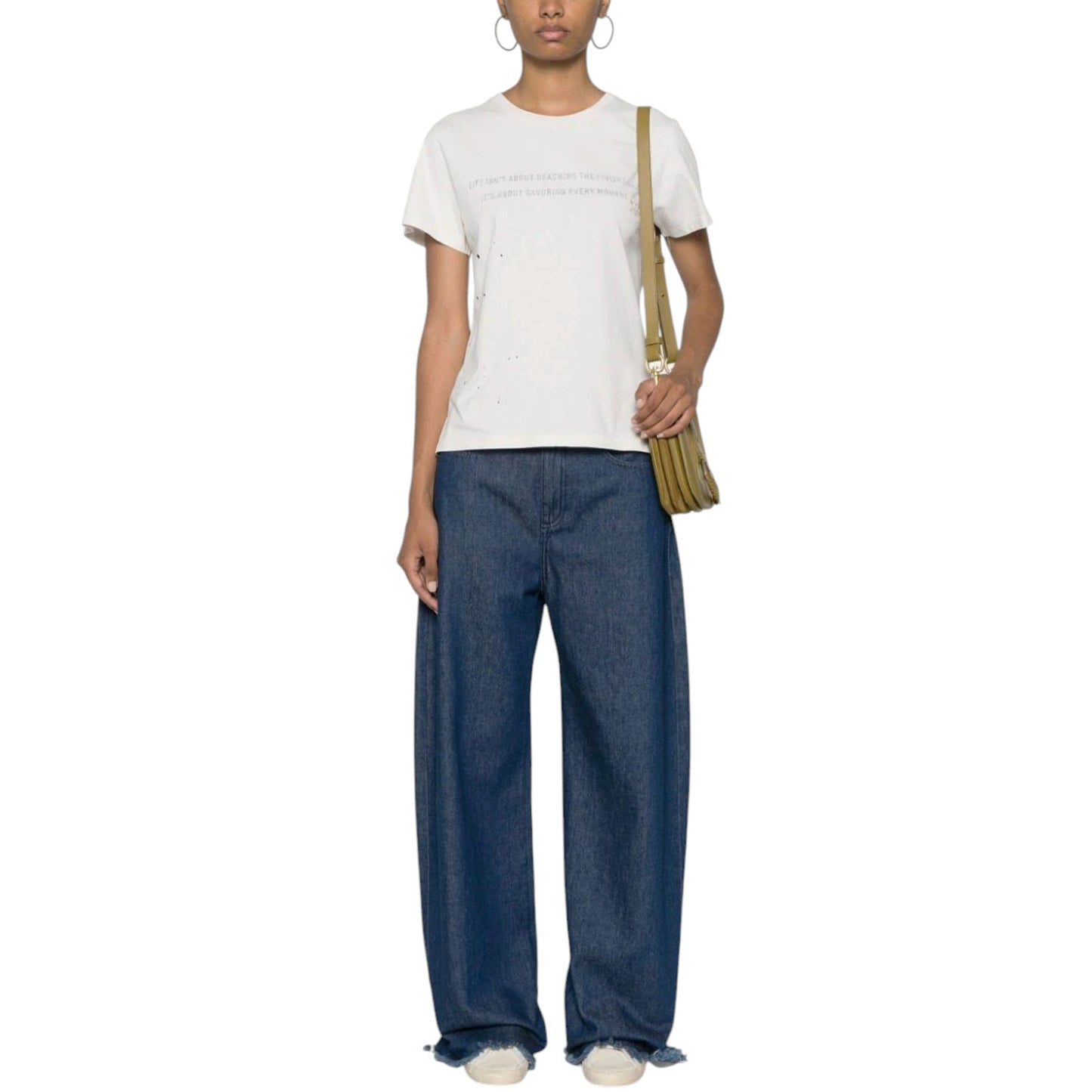 GOLDEN GOOSE Aged White Cotton Tee with Print & Embroidery M
