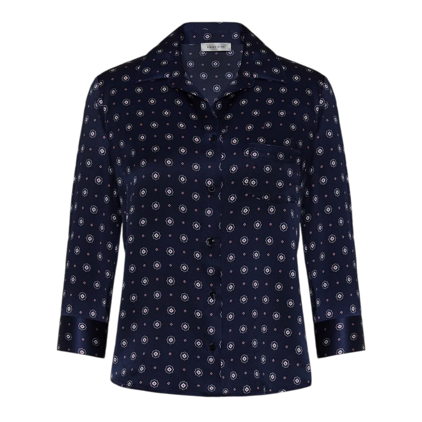ANINE BING Billie Medallion Print Silk Blouse In Tie Print Navy S
