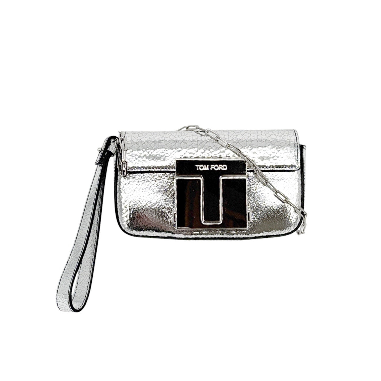 TOM FORD Shiny Leather T Clasp Mini Crossbody Bag in Crackled Silver