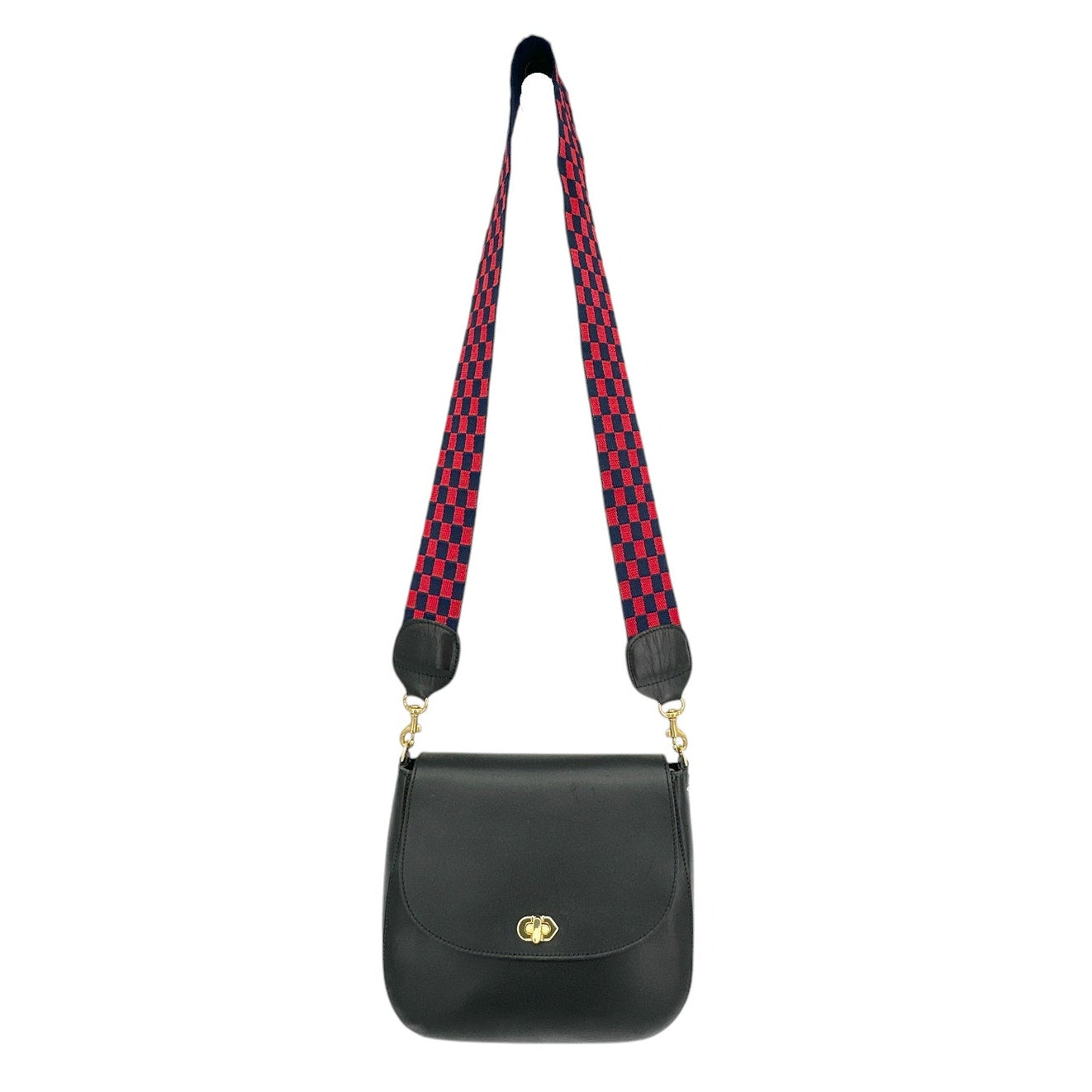 CLARE V. Turnlock Louis in Black with Crossbody Strap Navy & Red Checker