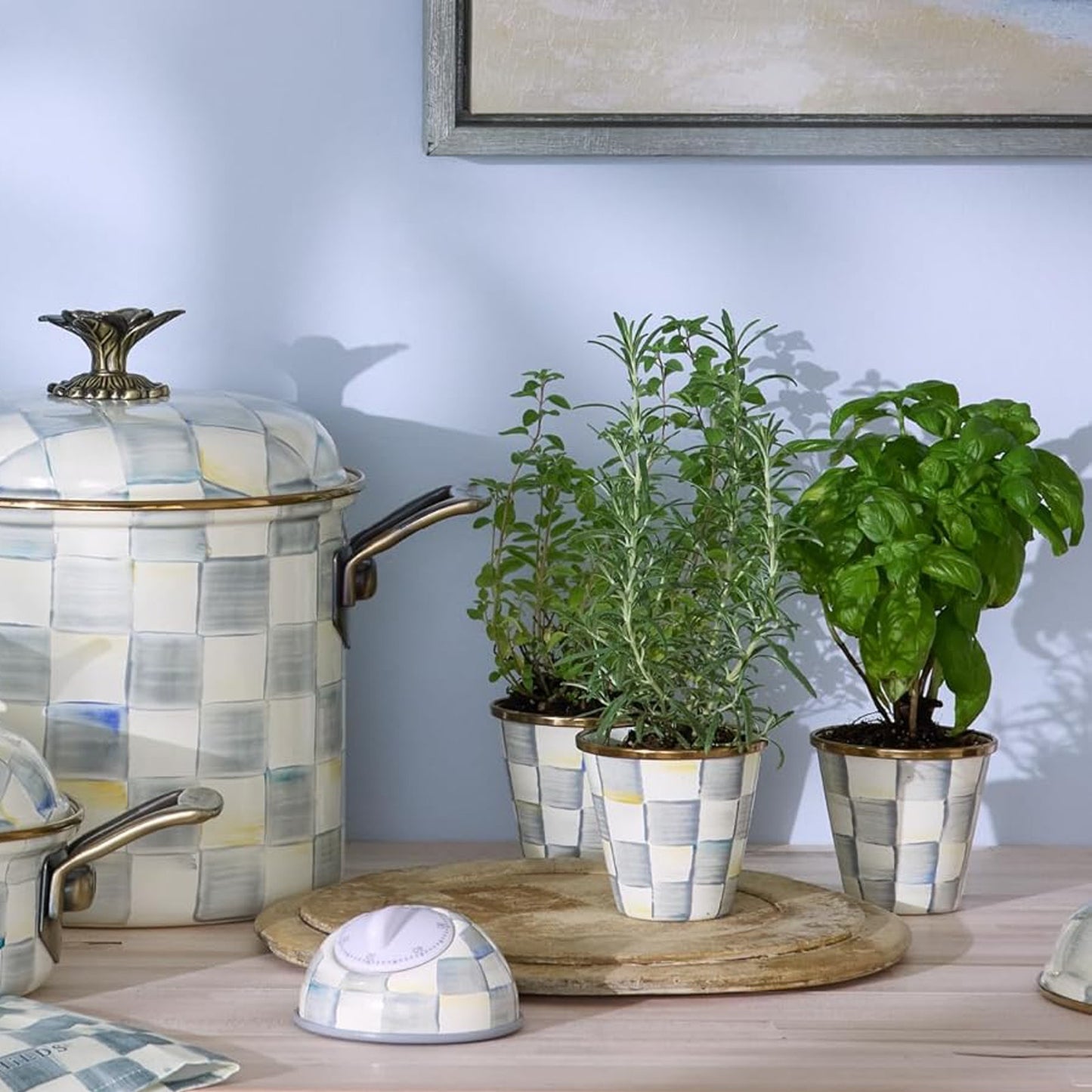 MACKENZIE-CHILDS Herb Pots in Sterling Check Set of 3