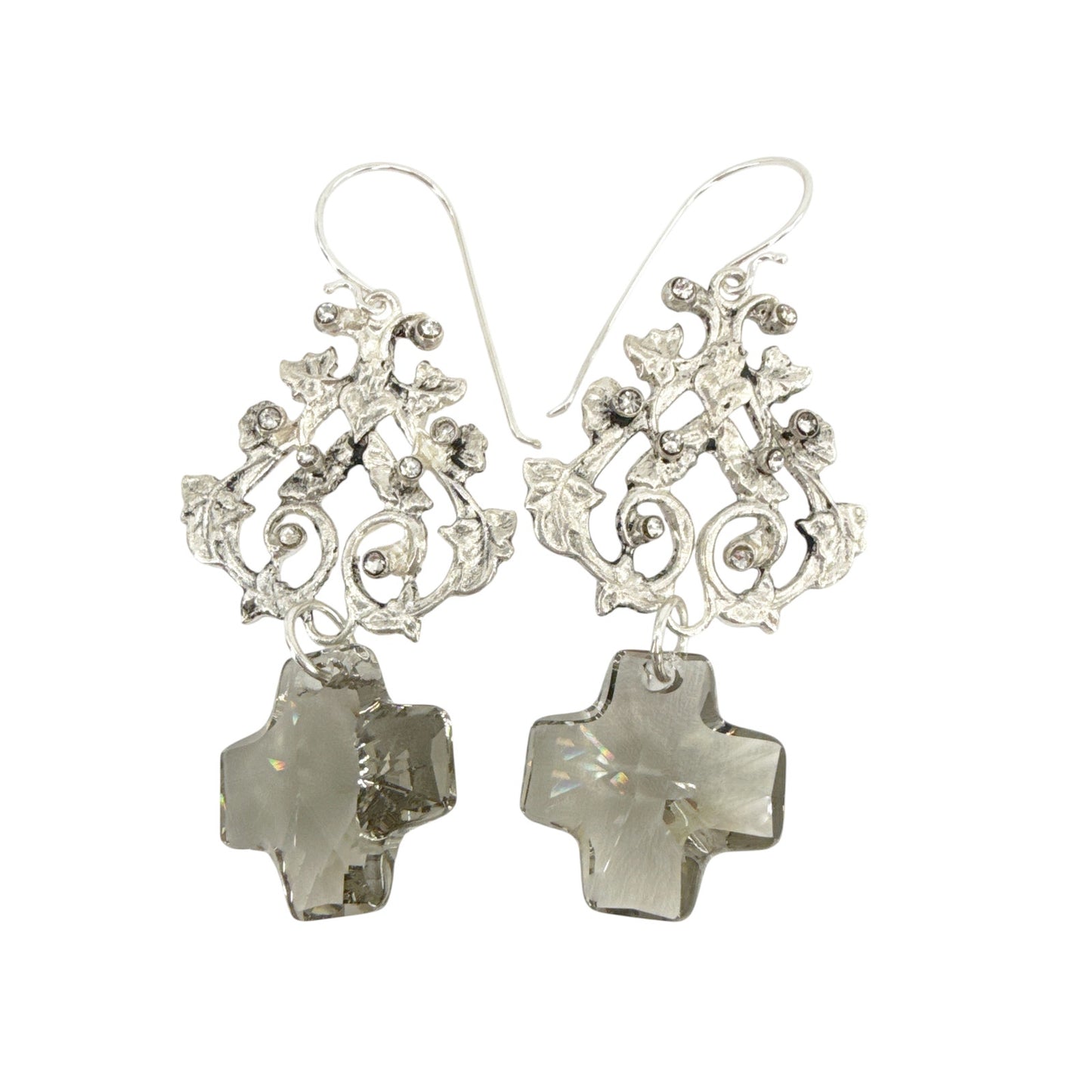 VIRGINS SAINTS & ANGELS VSA Vine Earrings with Cross in Silver & Black Diamond