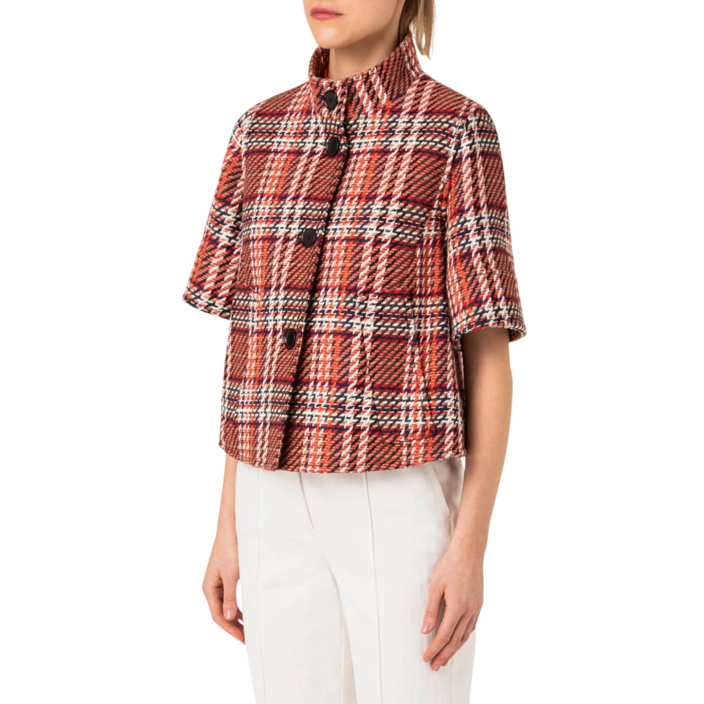 AKRIS PUNTO Check Tweed Short-sleeve A-line Crop Jacket FR38