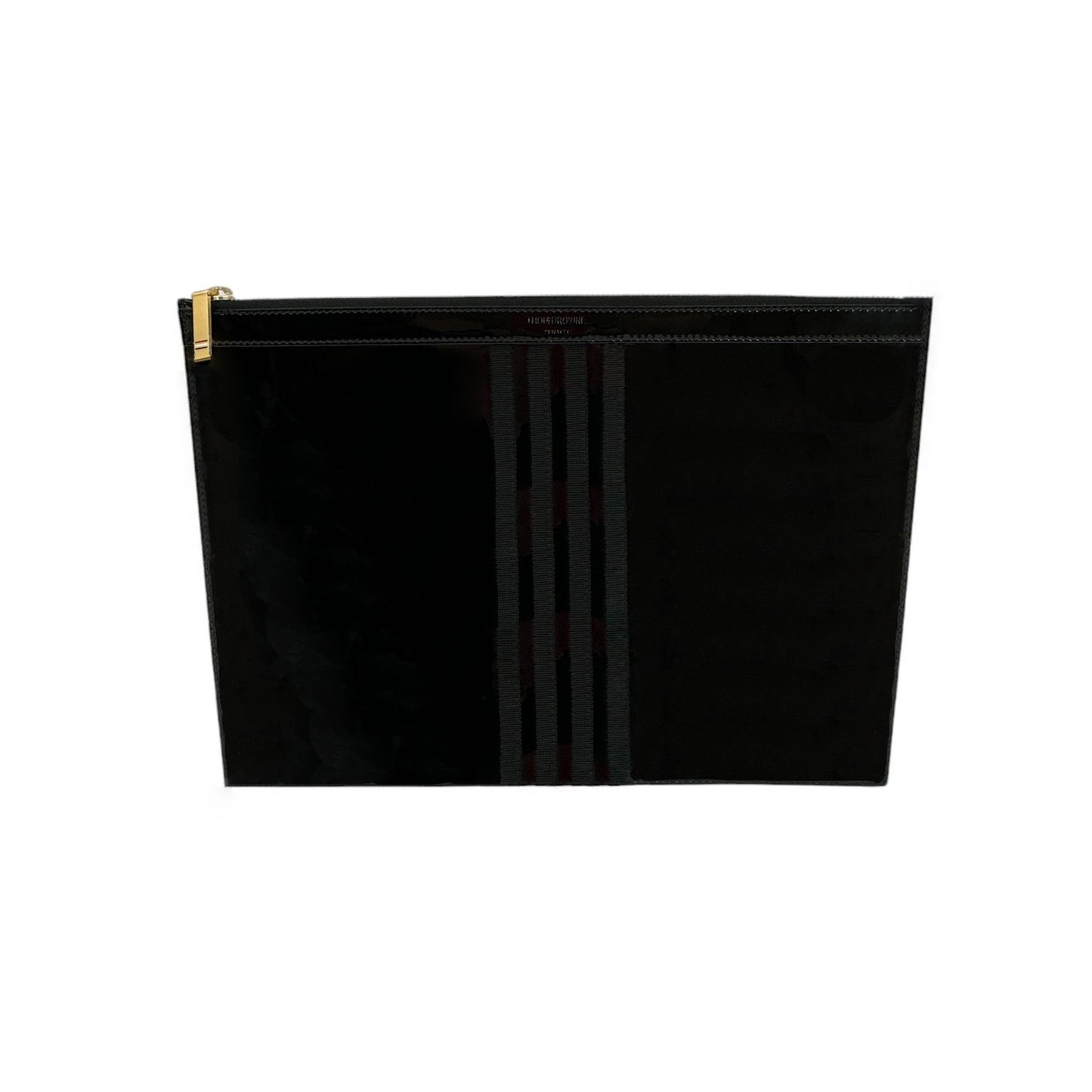 THOM BROWNE Black Soft Patent Leather Grosgrain 4-Bar Medium Document Holder