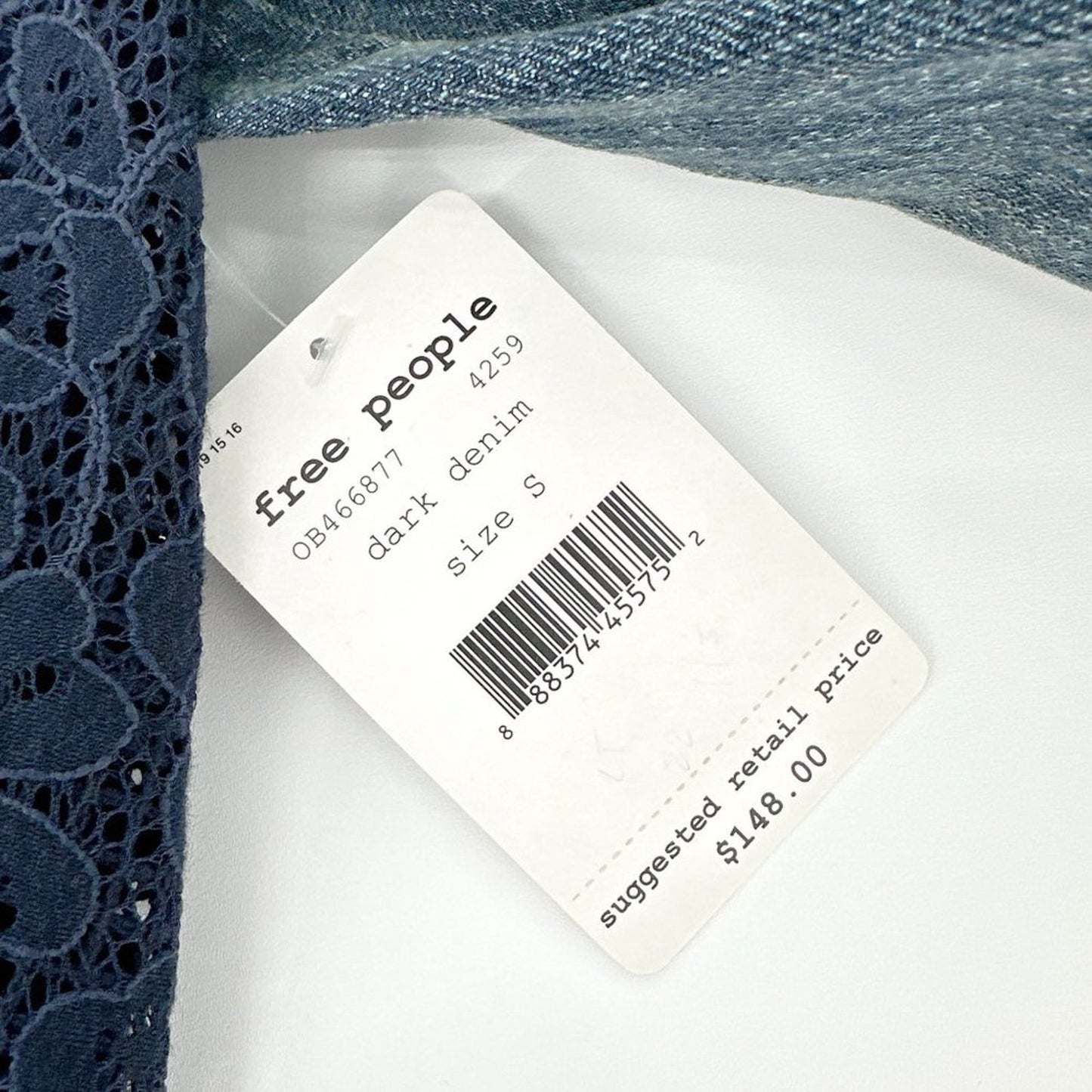 FREE PEOPLE Lace Inset Raw Hem Denim Jacket S