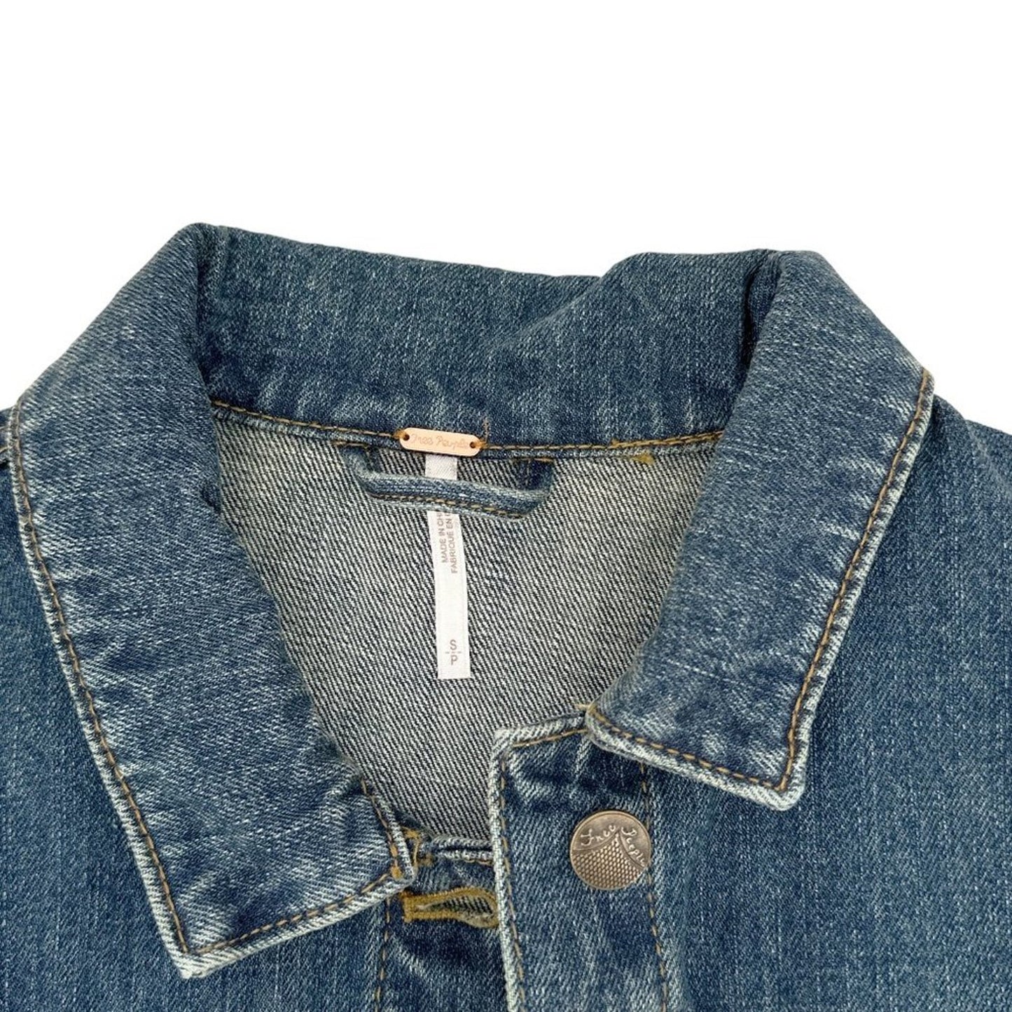 FREE PEOPLE Lace Inset Raw Hem Denim Jacket S