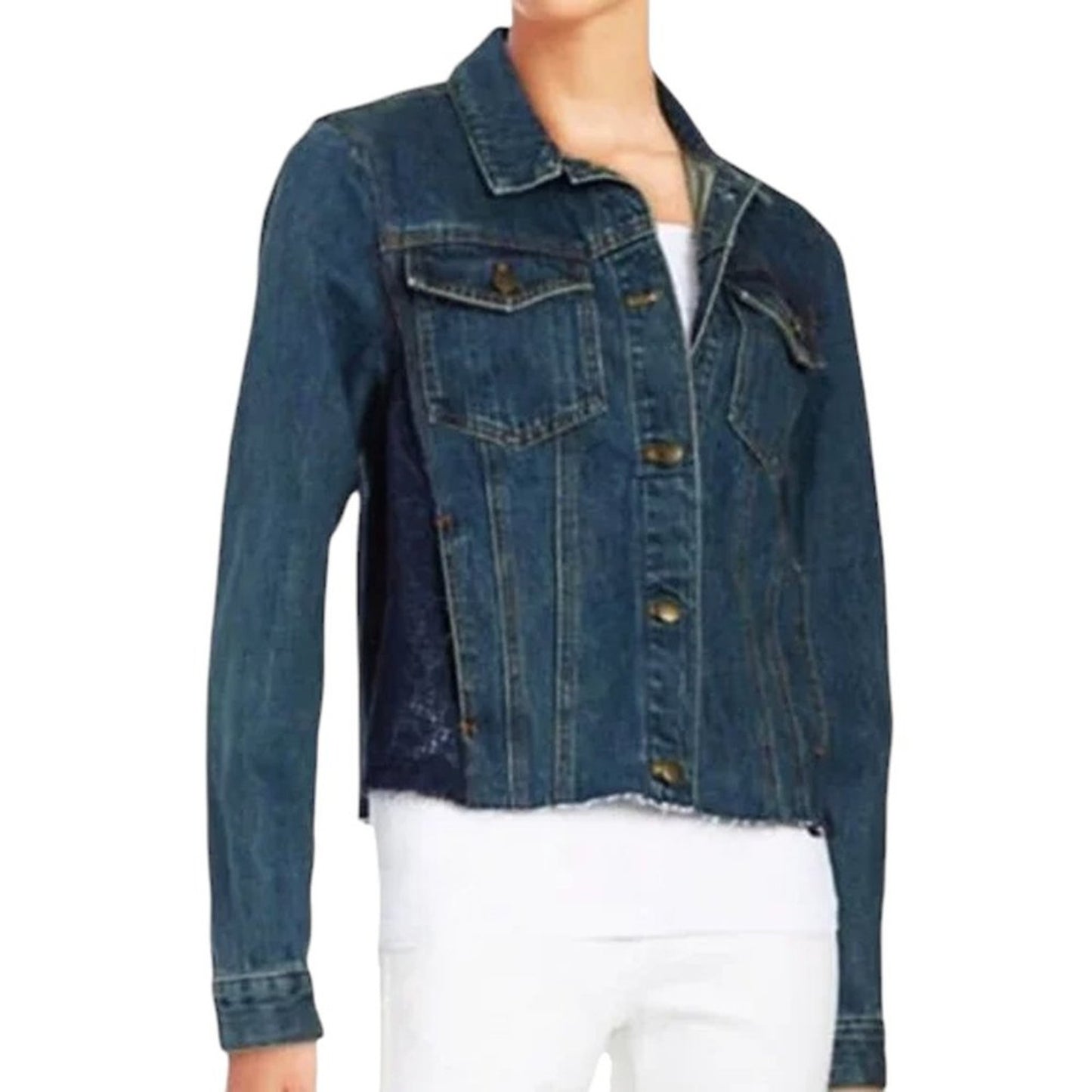 FREE PEOPLE Lace Inset Raw Hem Denim Jacket S