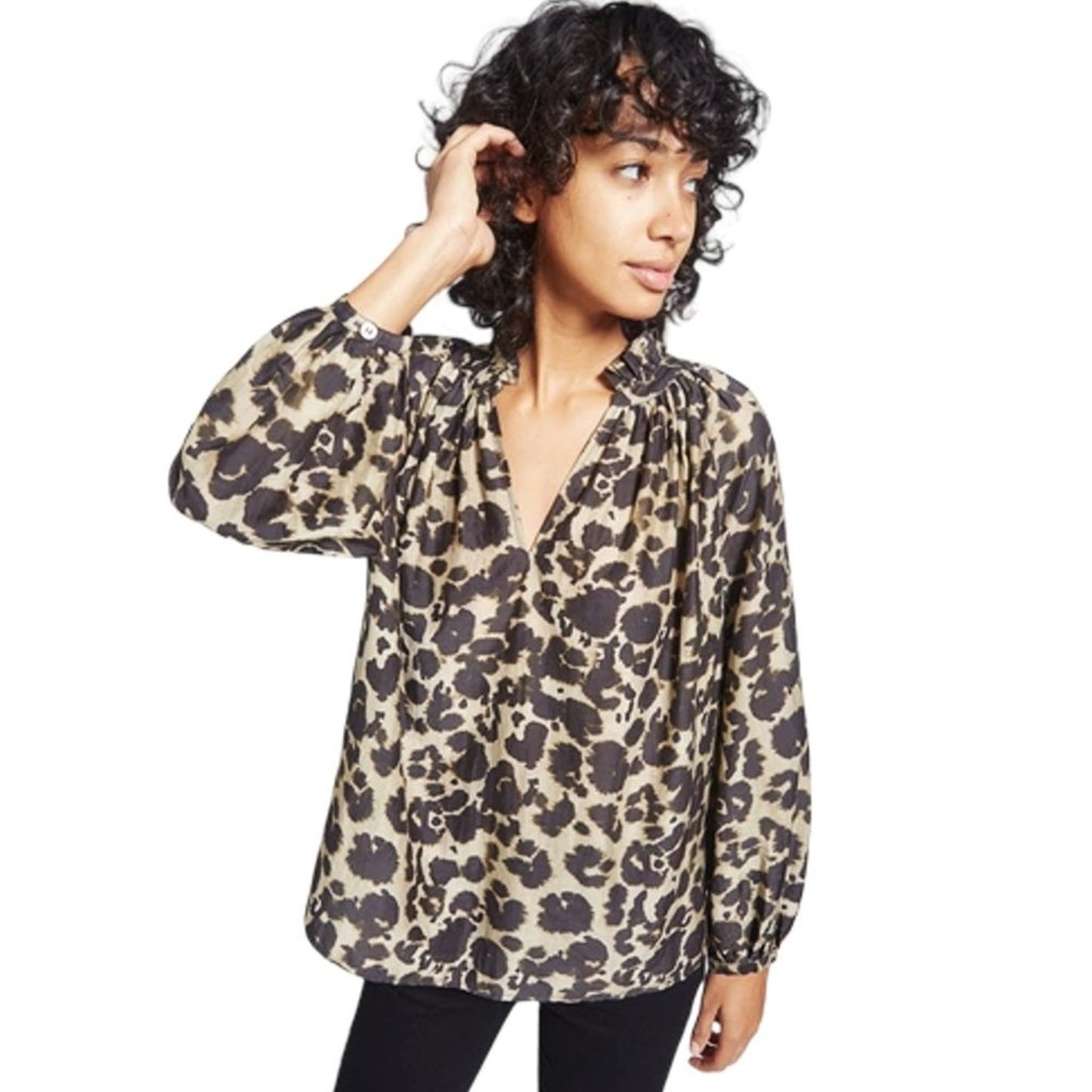 CURRENT ELLIOTT Annabelle Blouse In Khaki Inky Leopard Print XS