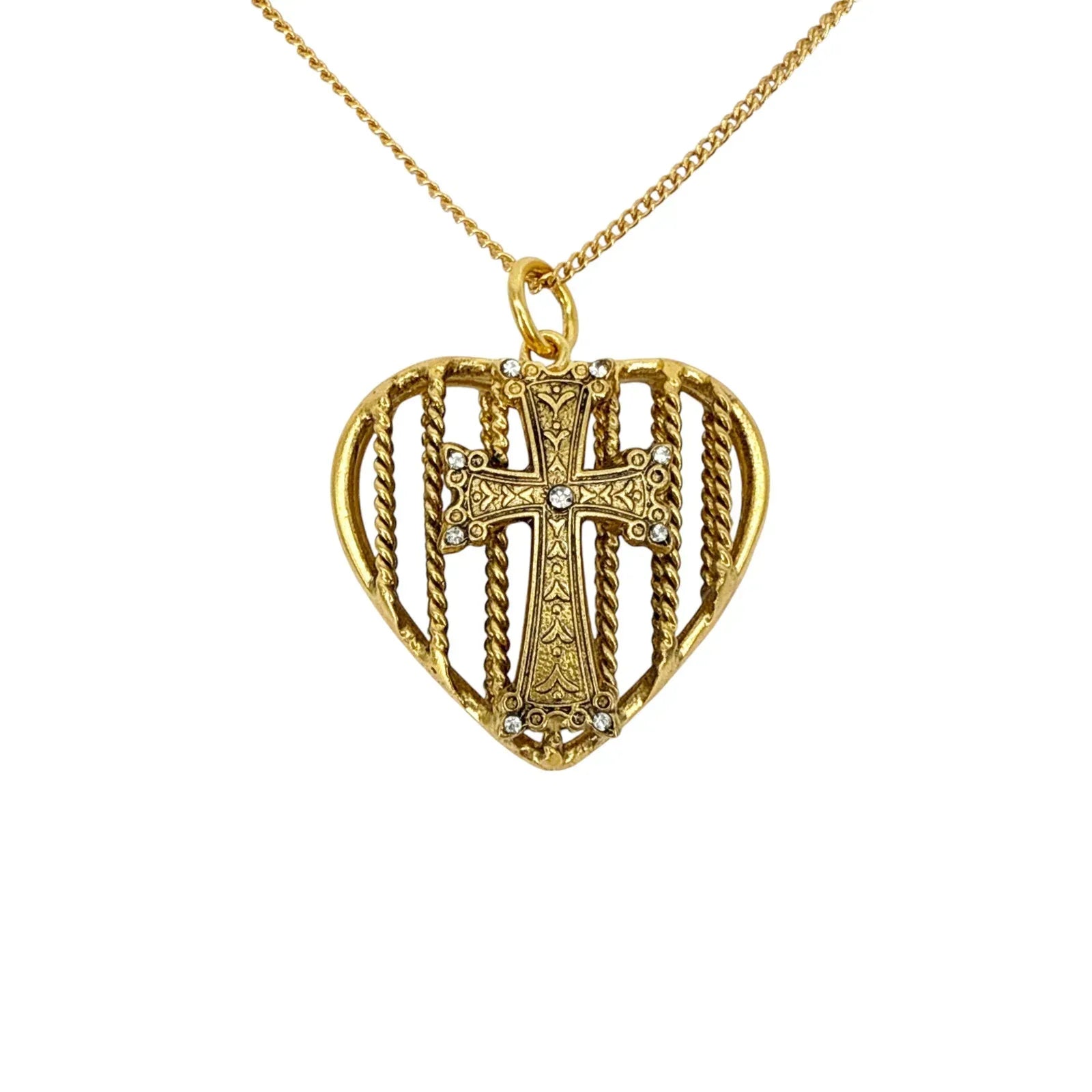 VIRGINS SAINTS & ANGELS VSA Caged Heart Cross Charm Necklace in Gold - flyKAMP