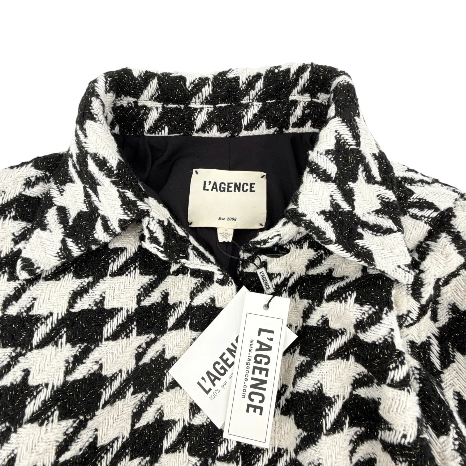 L'AGENCE Bridges Crop Jacket in Ecru Black & Gold Houndstooth 4|S - flyKAMP