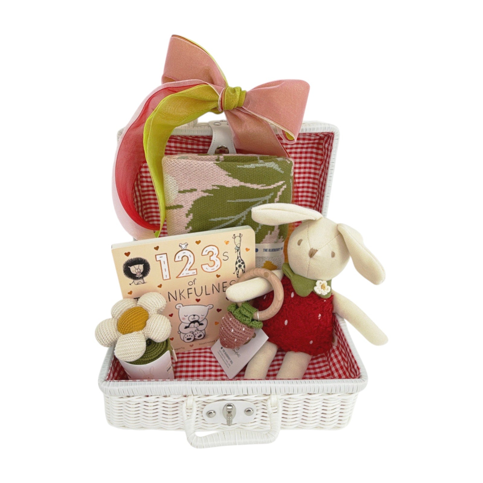 THE BLUEBERRY HILL Strawberry Bunny Baby Gift Basket: Wicker Suitcase The Blueberry Hill