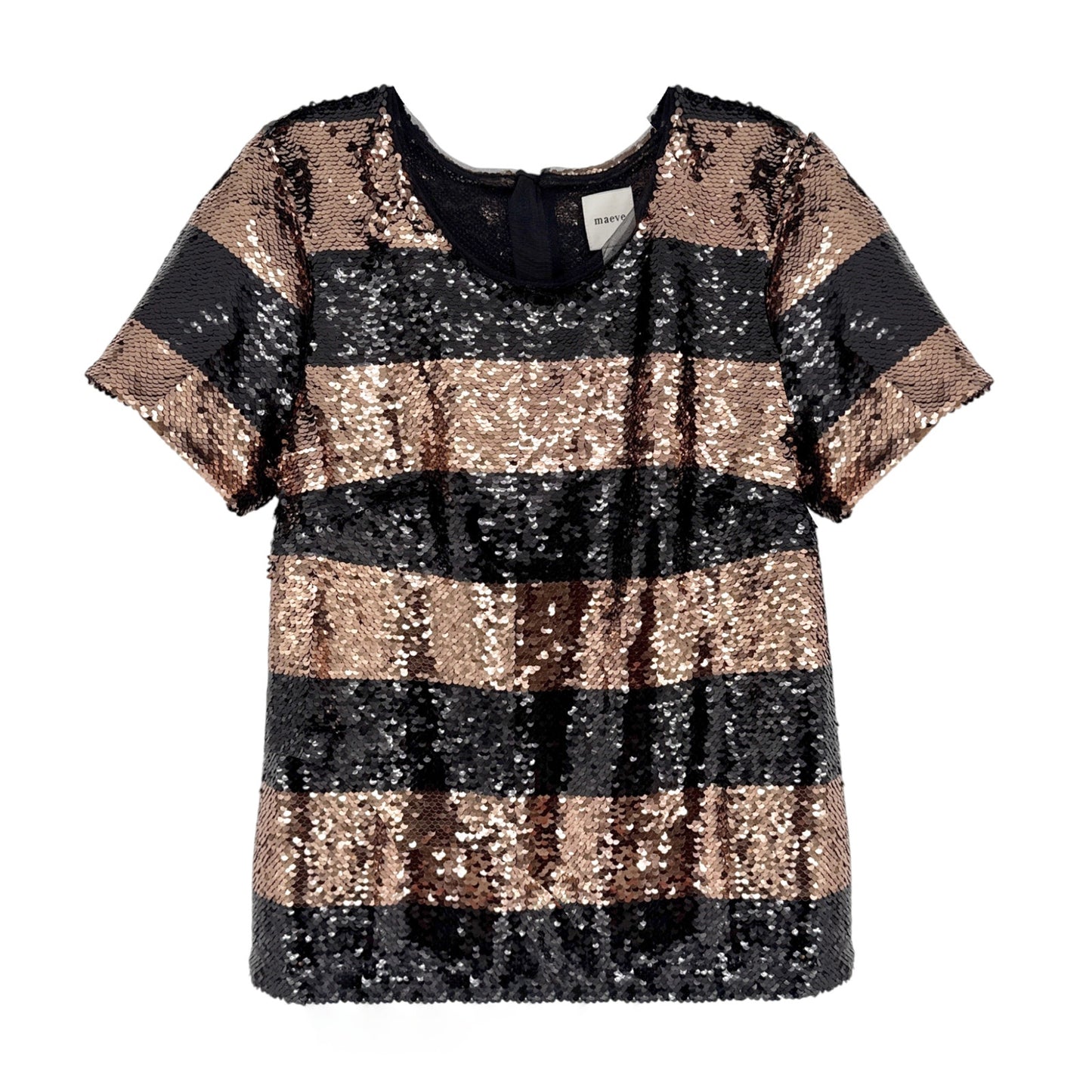 ANTHROPOLOGIE Maeve Short-Sleeve Sequin Striped Top Black S