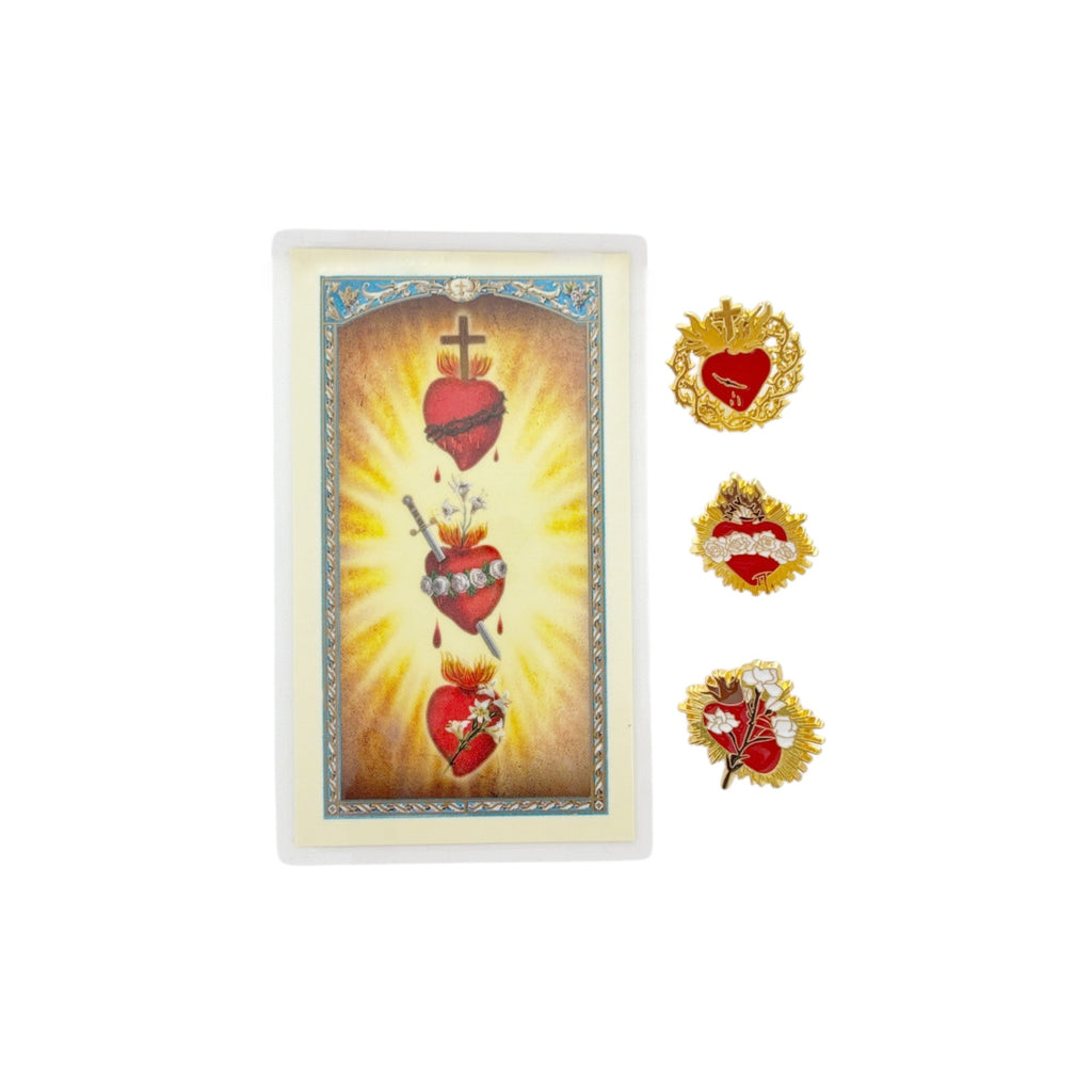 THE THREE HEARTS of the Holy Family Brooch Pins & Prayer Card Gift Set Fratelli Bonella
