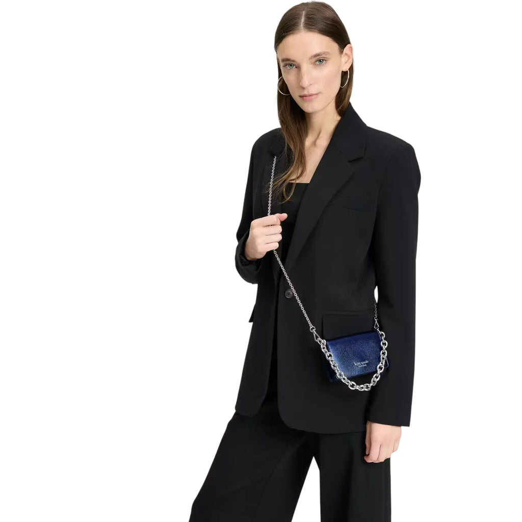 KATE SPADE New York Natasha Metallic Leather Chain Compact Wristlet in Navy - flyKAMP