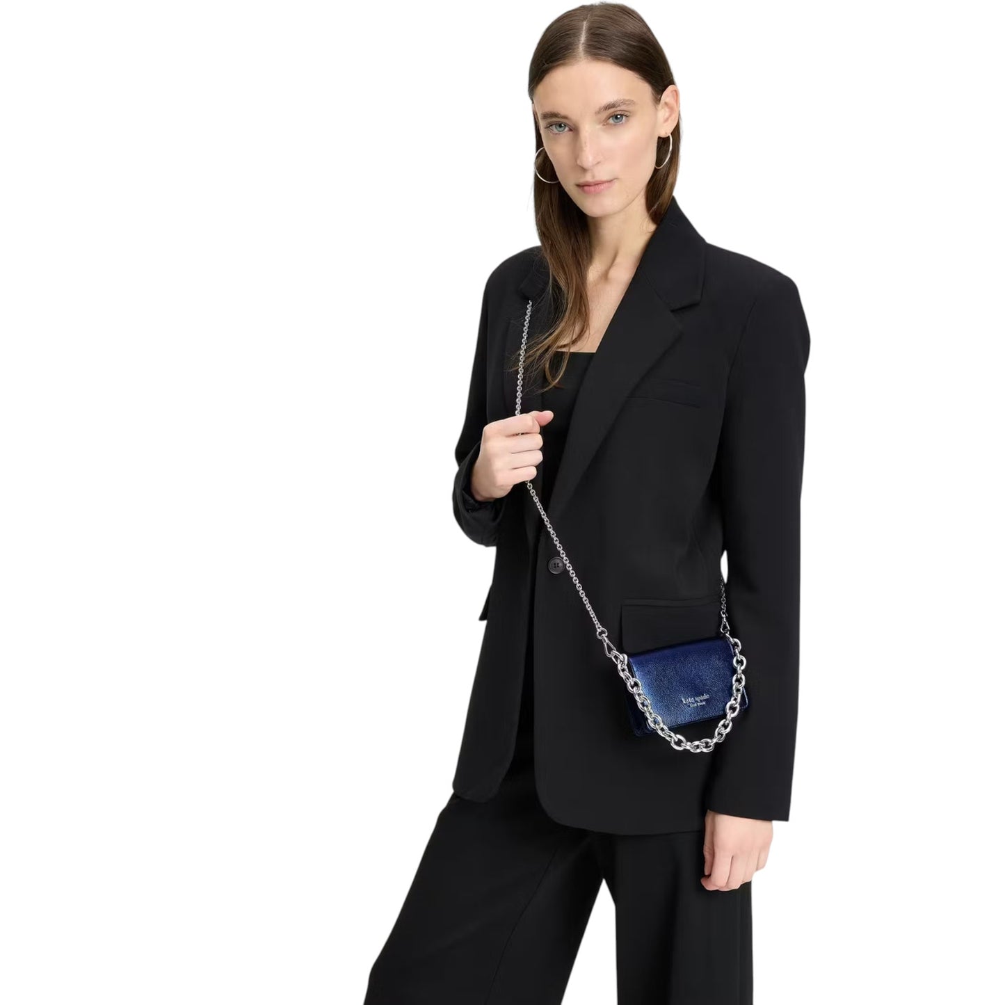 KATE SPADE Natasha Metallic Pebbled Leather Chain Compact Wristlet in Navy